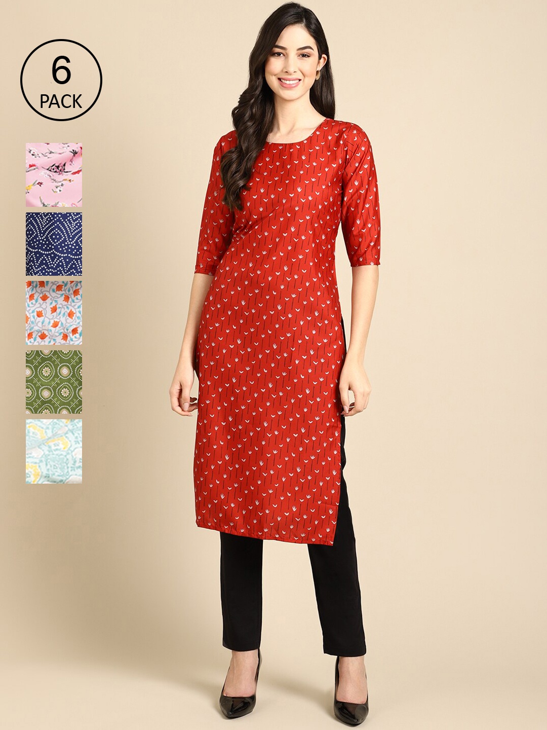 

7Threads Women Pack of 6 Floral Printed Crepe Straight Kurta, Red
