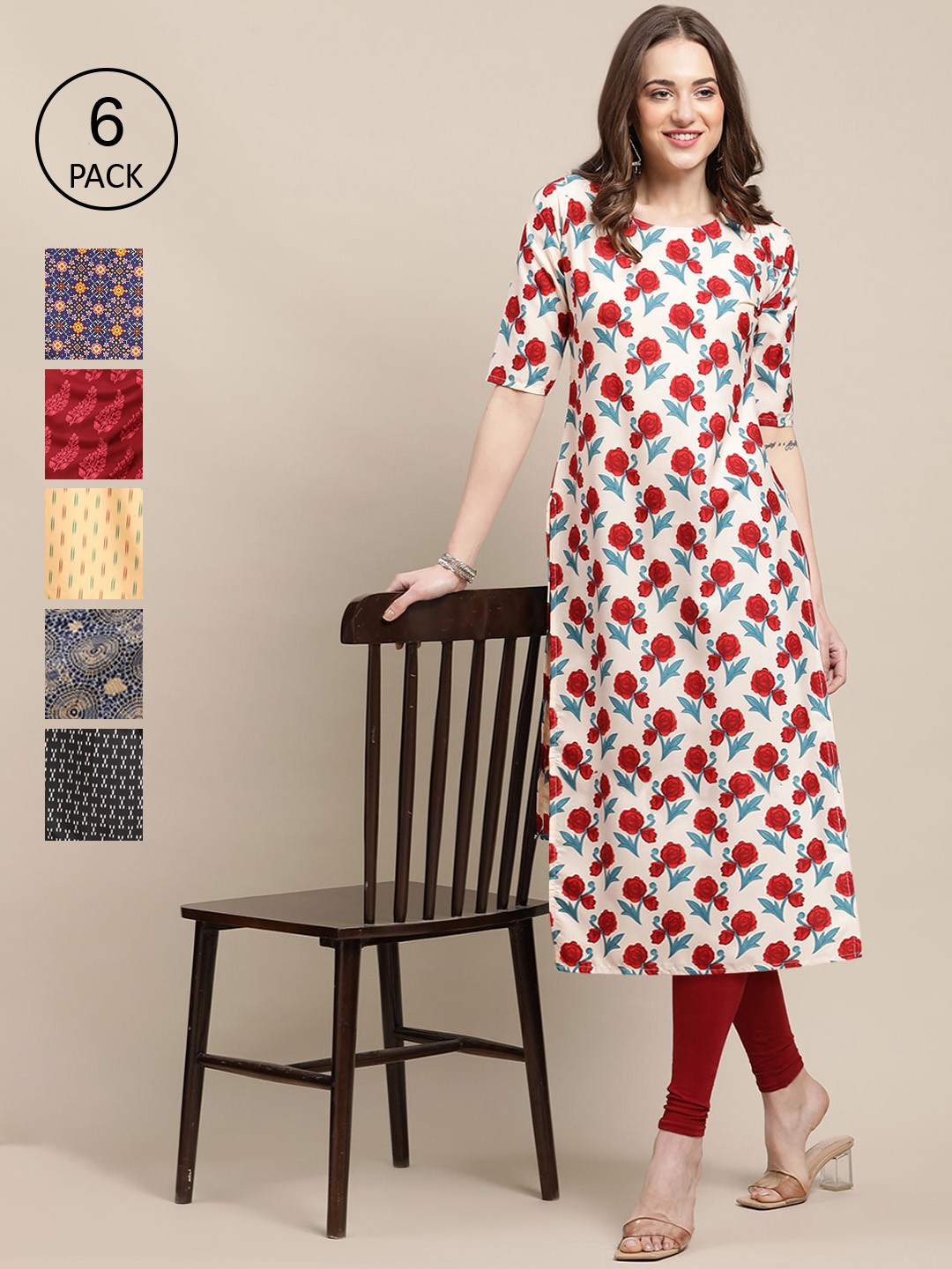 

7Threads Women Pack of 6 Digital Printed Crepe Straight Kurtas, Multi