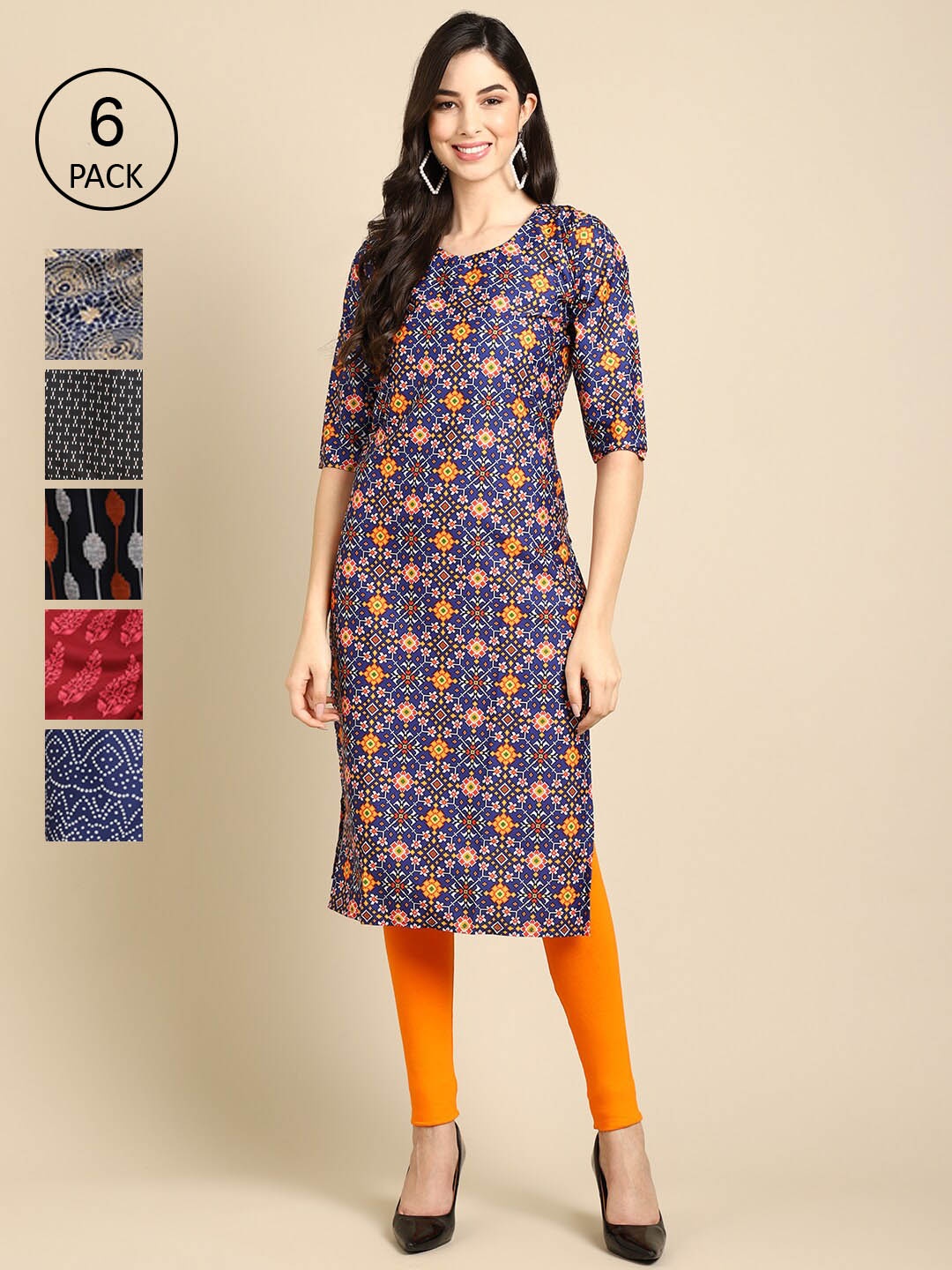 

7Threads Women Pack of 6 Ethnic Motifs Printed Crepe Kurta, Blue