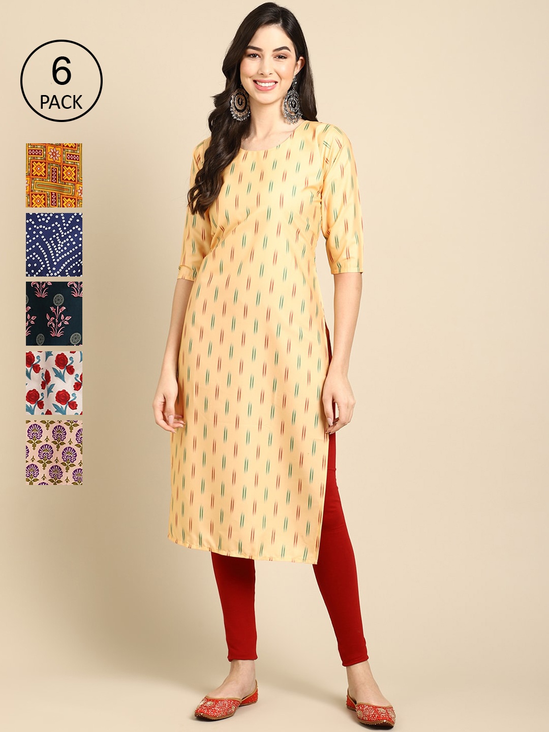 

7Threads Women Yellow & Blue Pack Of 6 Ethnic Motifs Printed Crepe Kurta