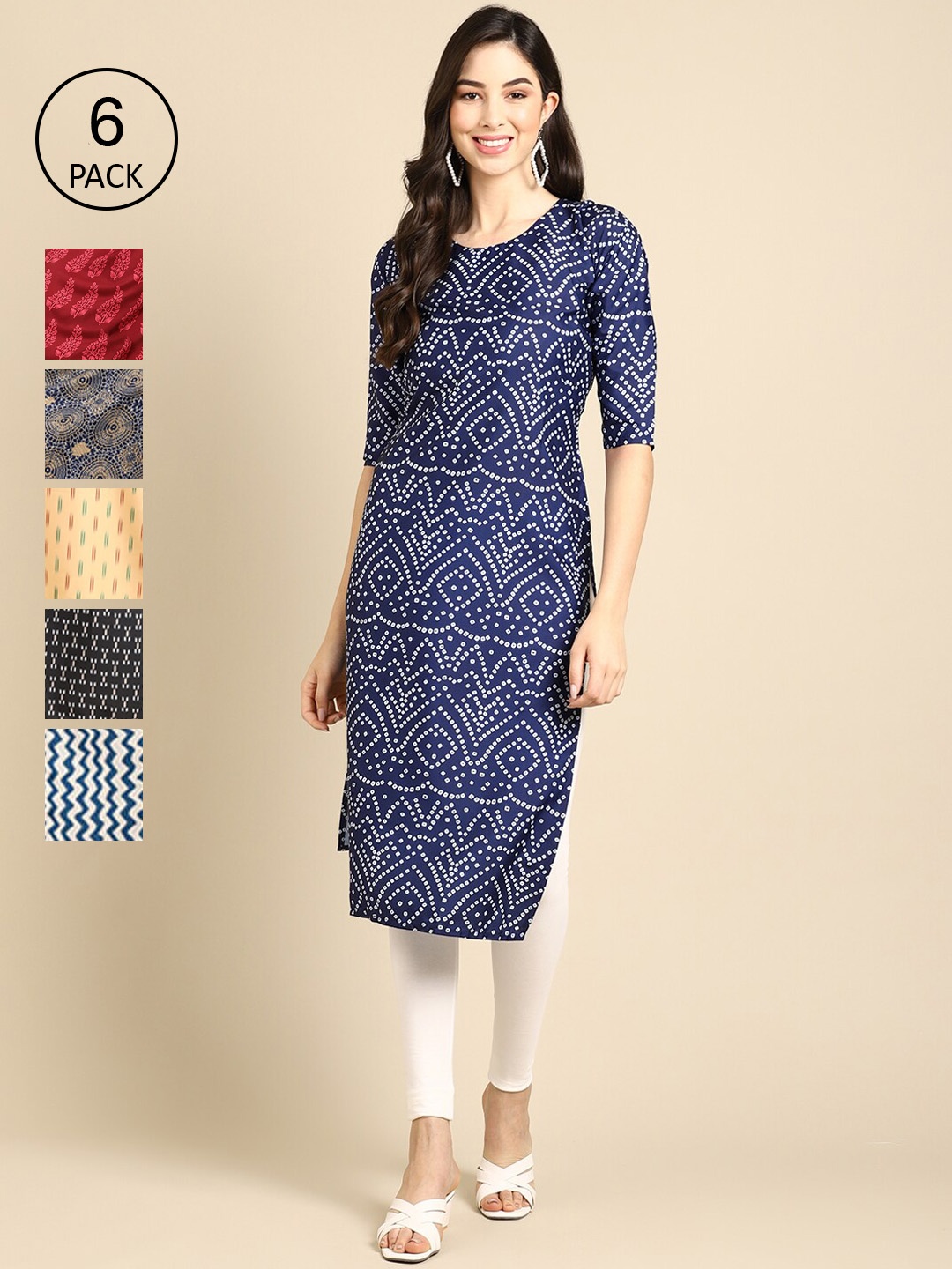 7Threads Women Pack of 6 Ethnic Motifs Printed Crepe Kurta, Multi
