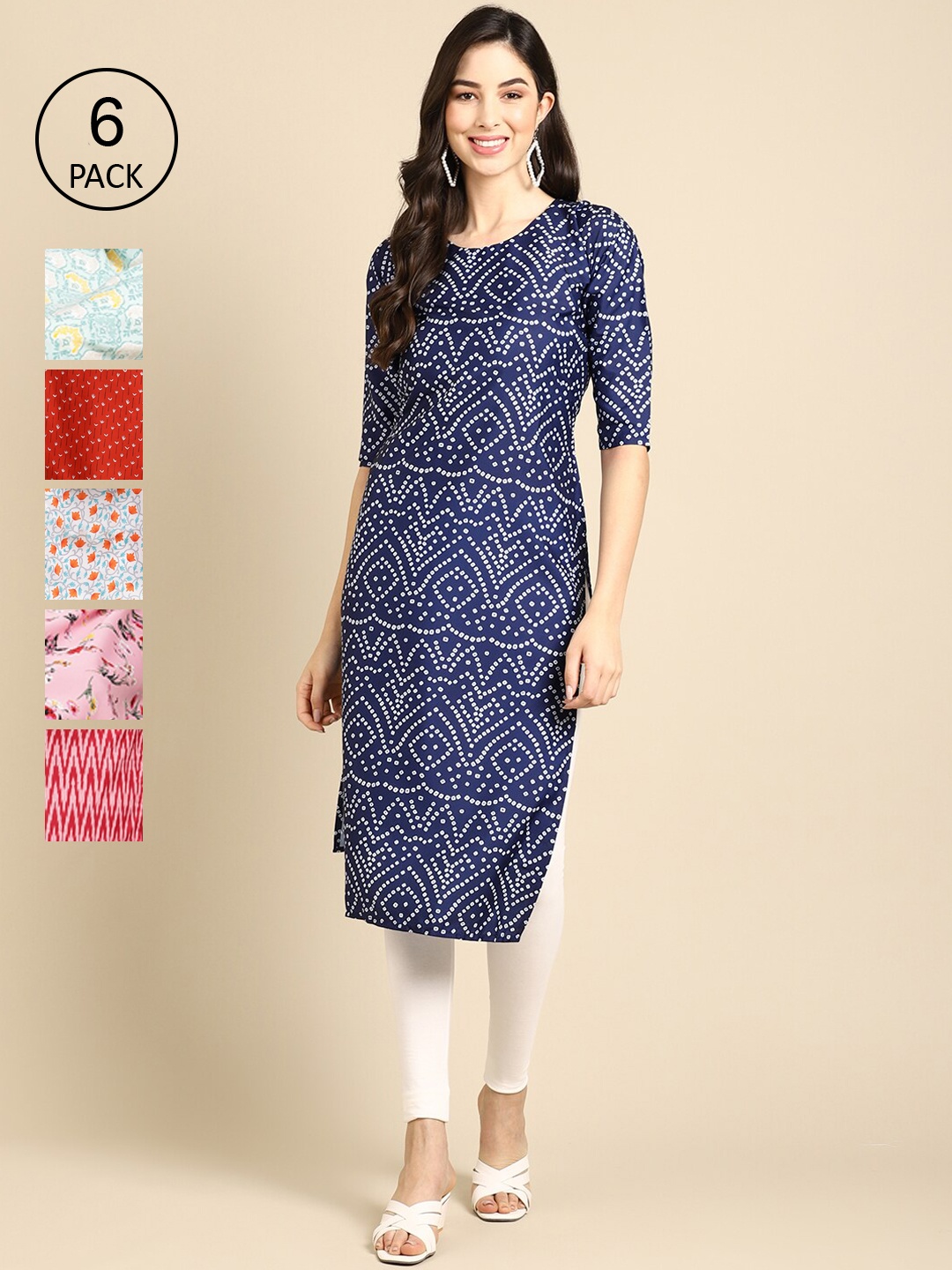 

7Threads PACK OF 6 Women Ethnic Motifs Printed Block Print Crepe Kurta, Multi