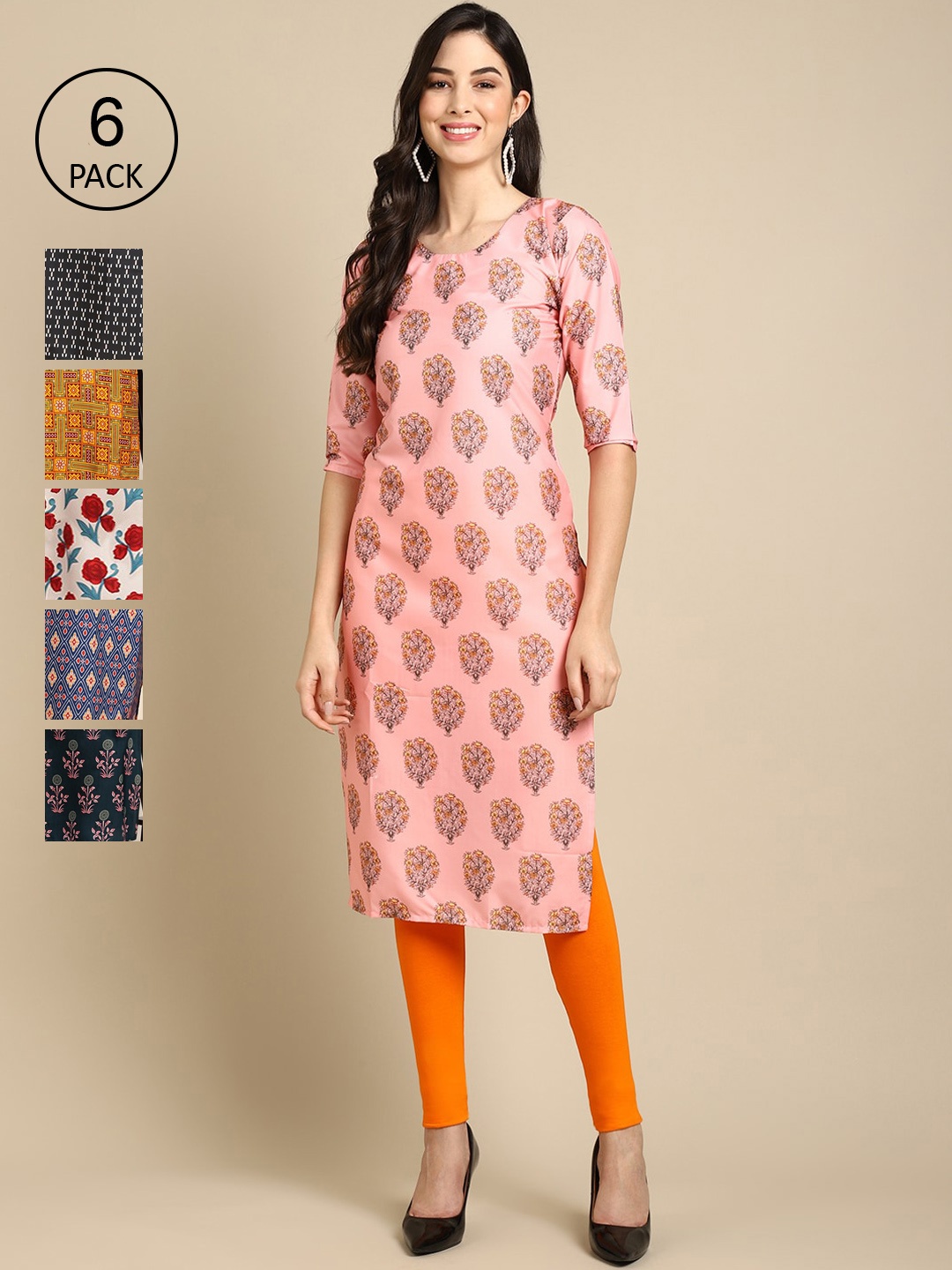 

7Threads Pack Of 6 Women Ethnic Motifs Printed Block Print Crepe Kurta, Pink