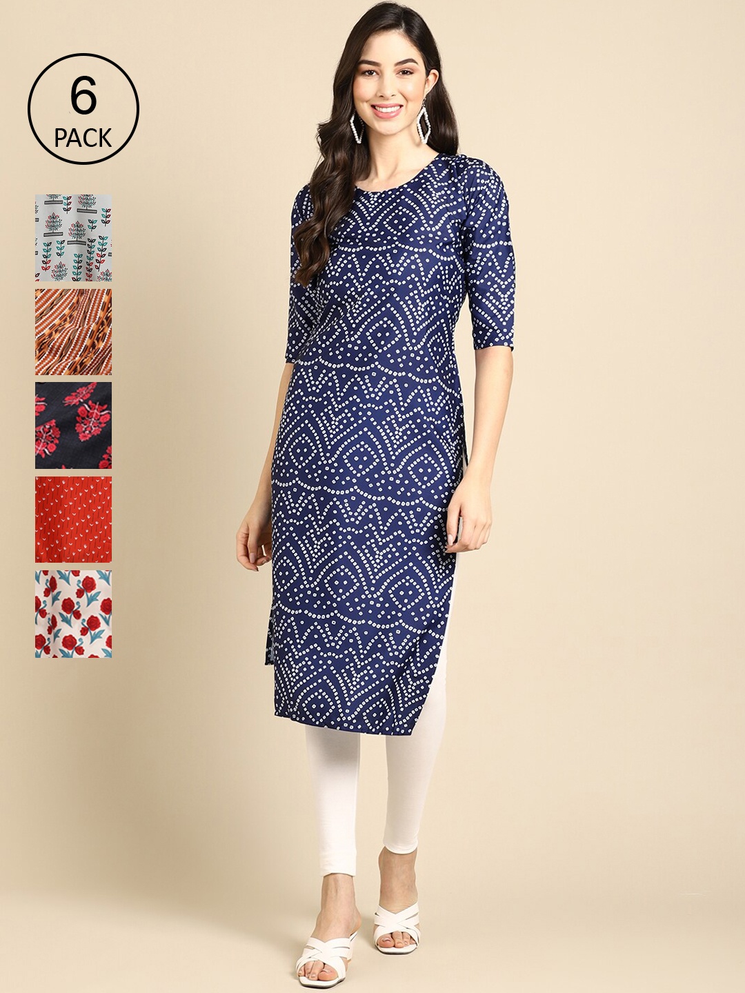 

7Threads Pack Of 6 Women Blue & Red Ethnic Motifs Printed Crepe Kurta