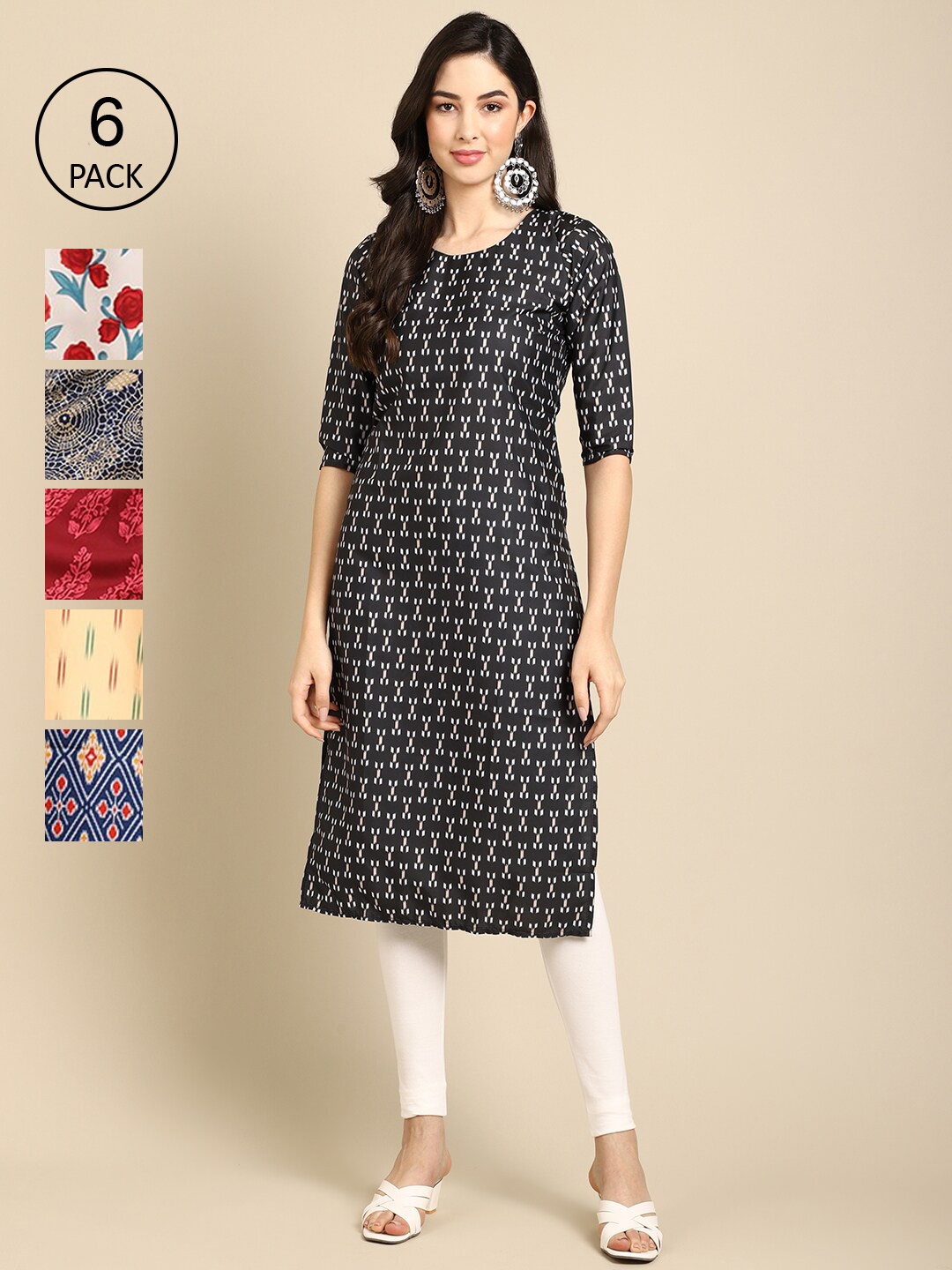 

7Threads Women Pack of 6 Geometric Printed Summer Sheers Crepe Kurta, White