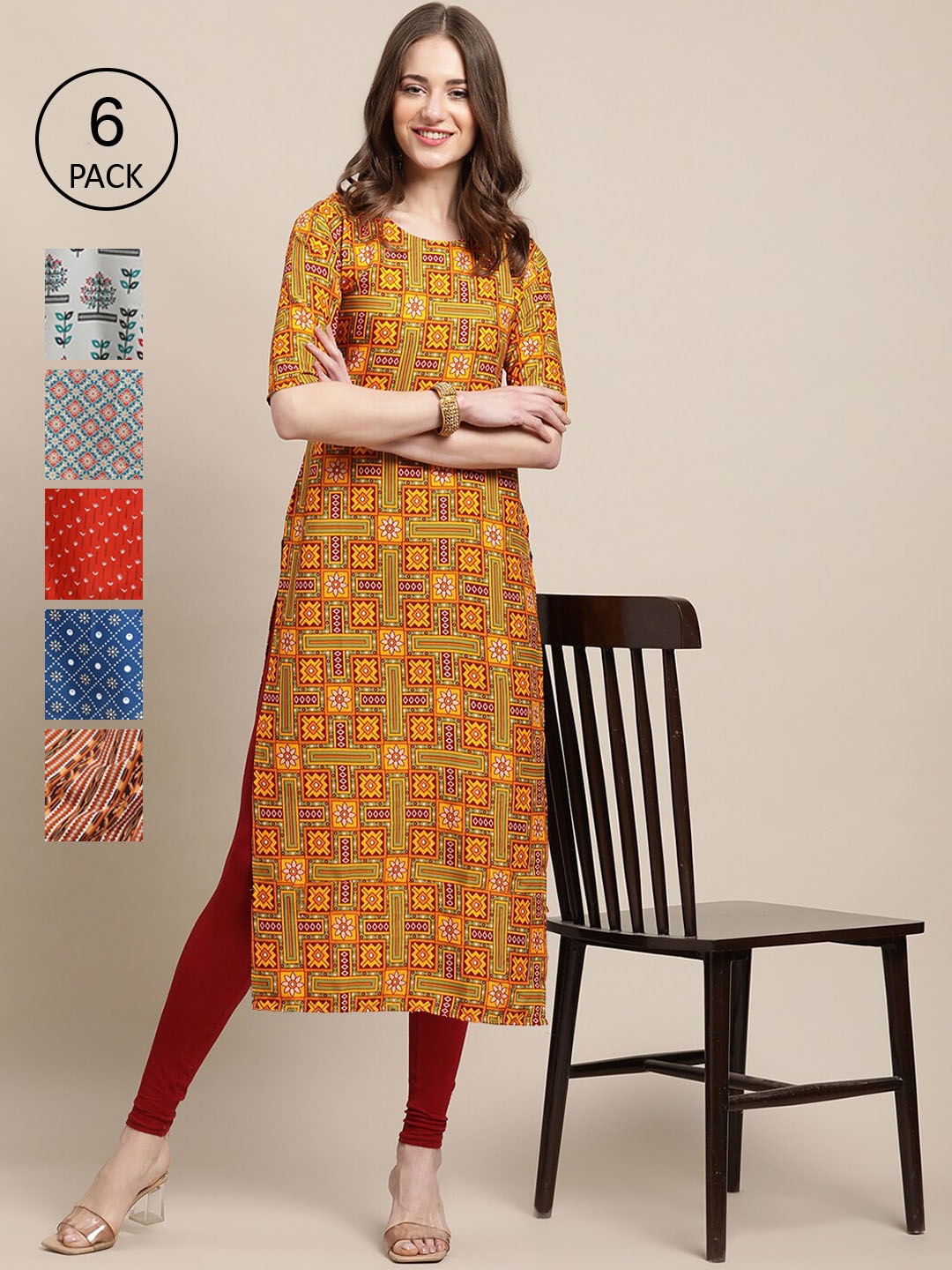 

7Threads Women Pack of 6 Floral Printed Block Print Crepe Kurta, Red