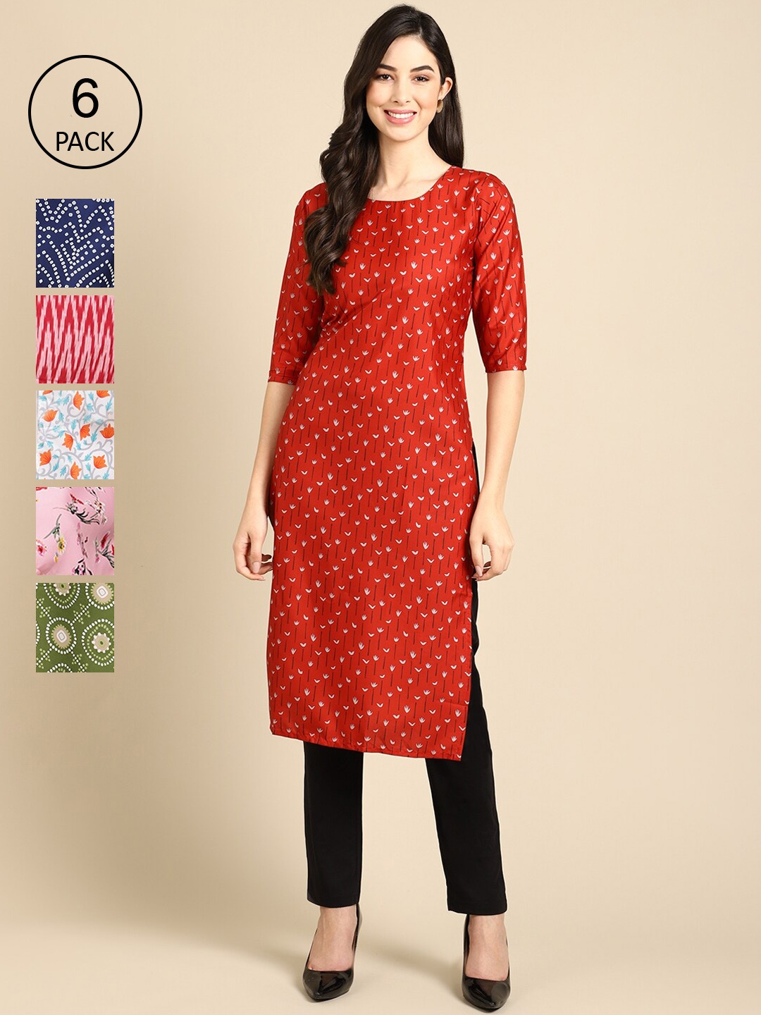 

7Threads Women Assorted & Green Ethnic Motifs Printed Block Print Crepe Kurta