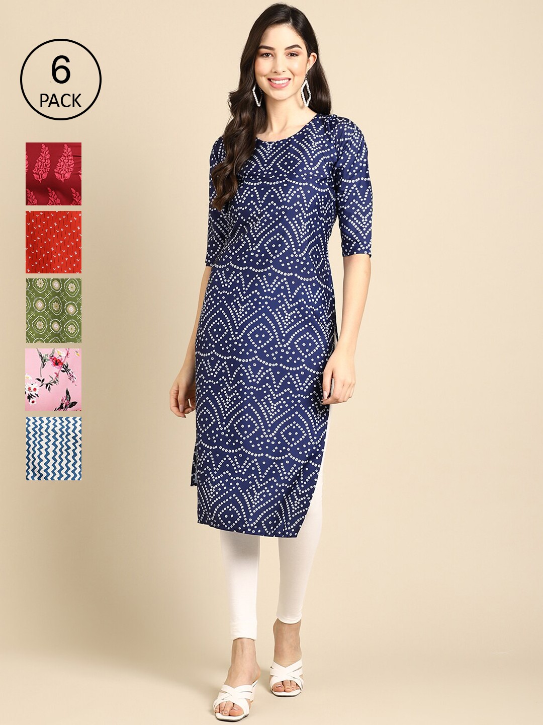 

7Threads Women Pack of 6 Ethnic Motifs Printed Crepe Kurta, Blue