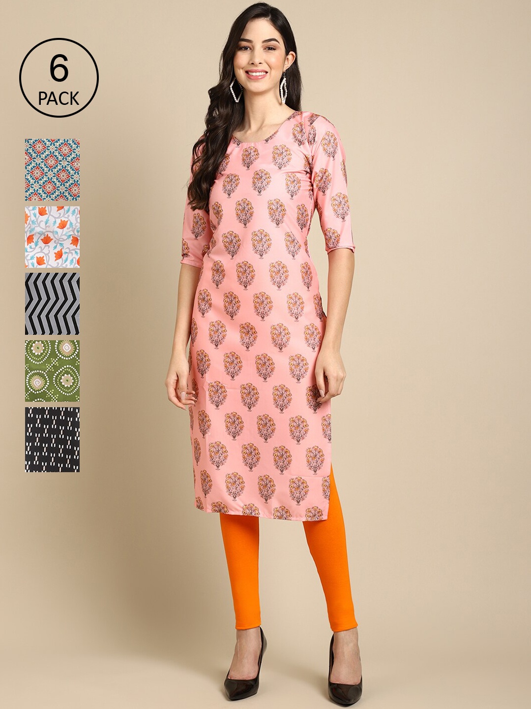 

7Threads Women Pack Of 6 Floral Printed Crepe Kurta, Pink