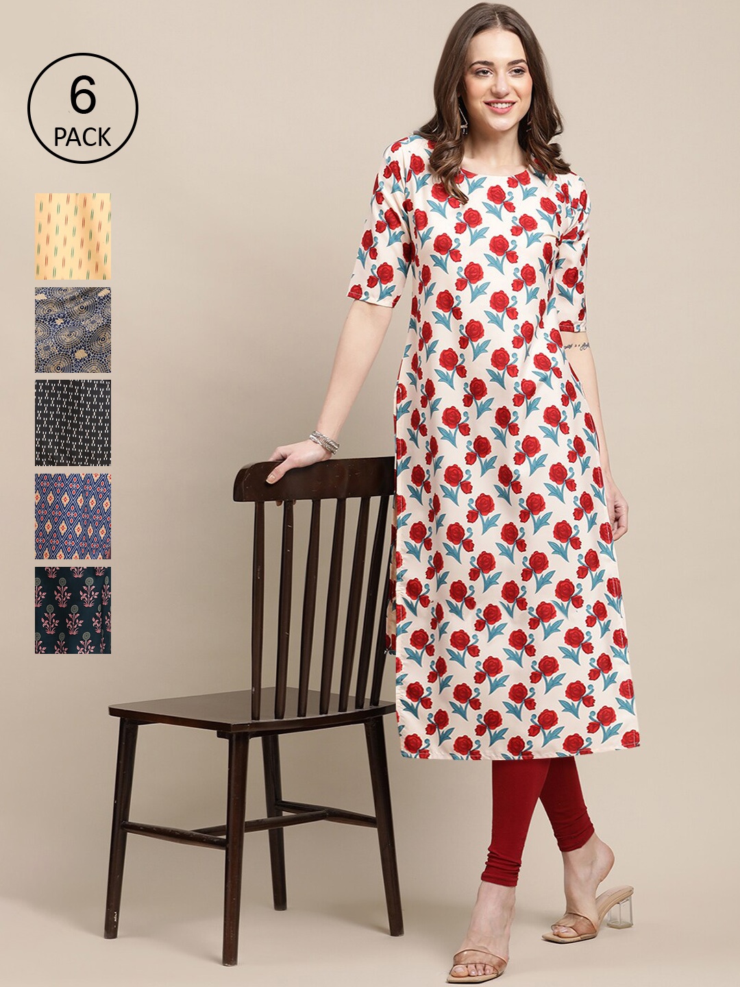 

7Threads Women Pack Of 6 White & Gold-Toned Printed Crepe Kurta