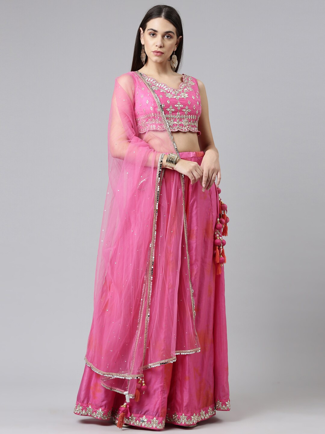 

Neerus Pink & Gold-Toned Embellished Ready to Wear Lehenga & Blouse With Dupatta