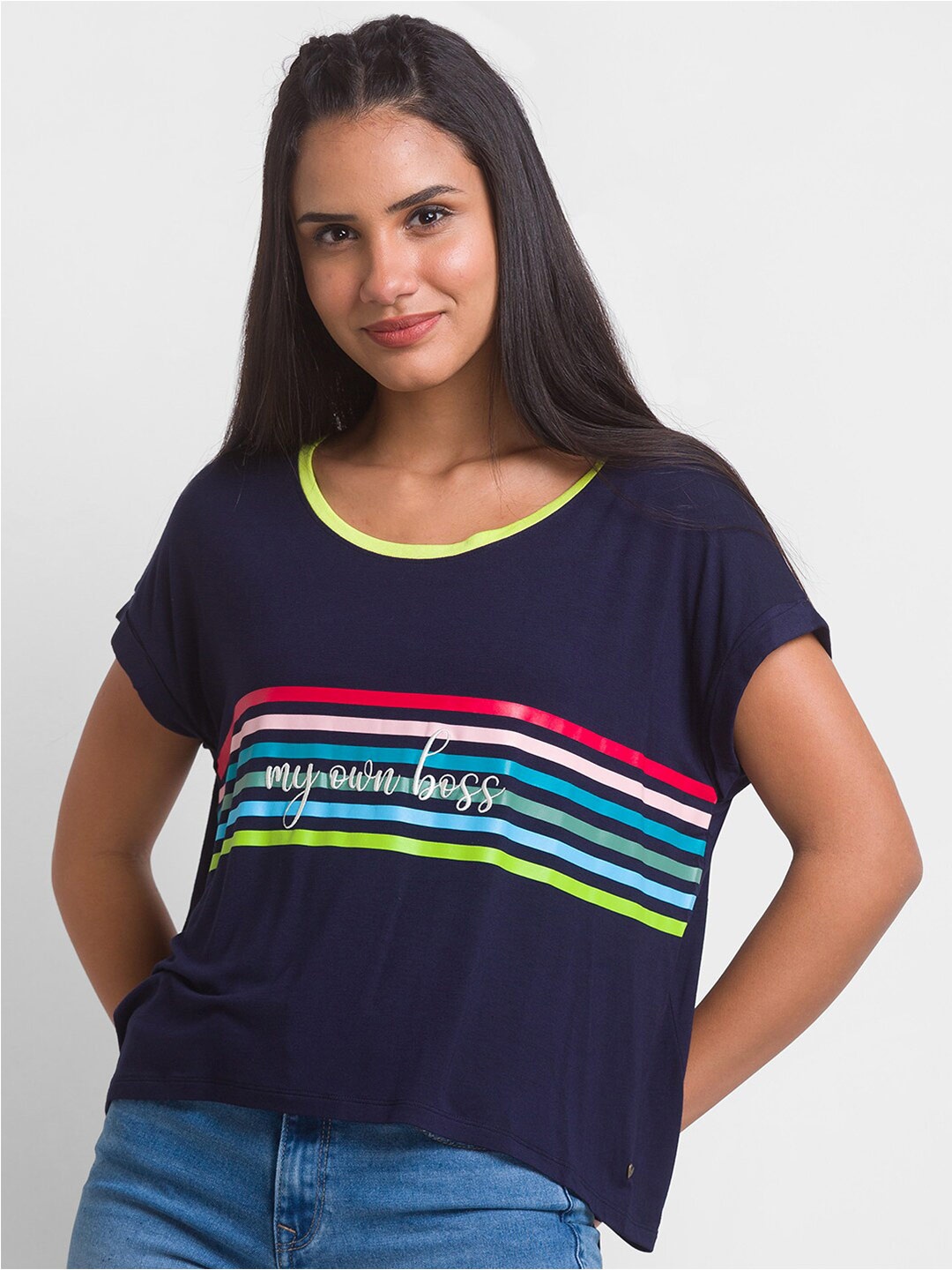 

SPYKAR Women Blue Printed Extended Sleeves T-shirt