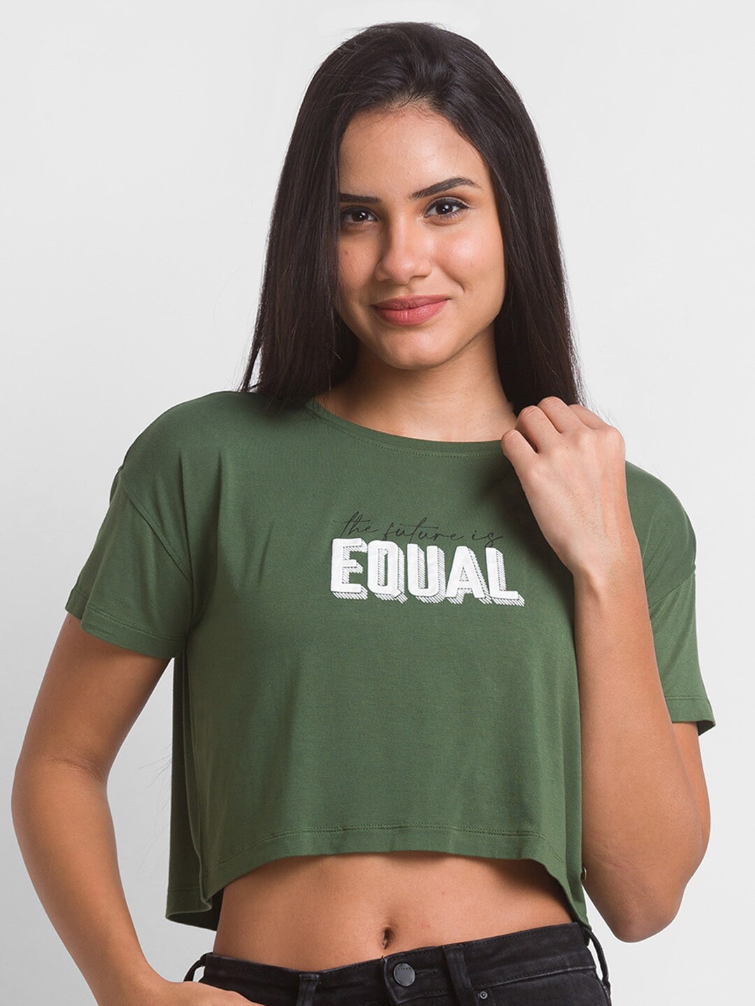 

SPYKAR Women Green Typography Printed Slim Fit T-shirt
