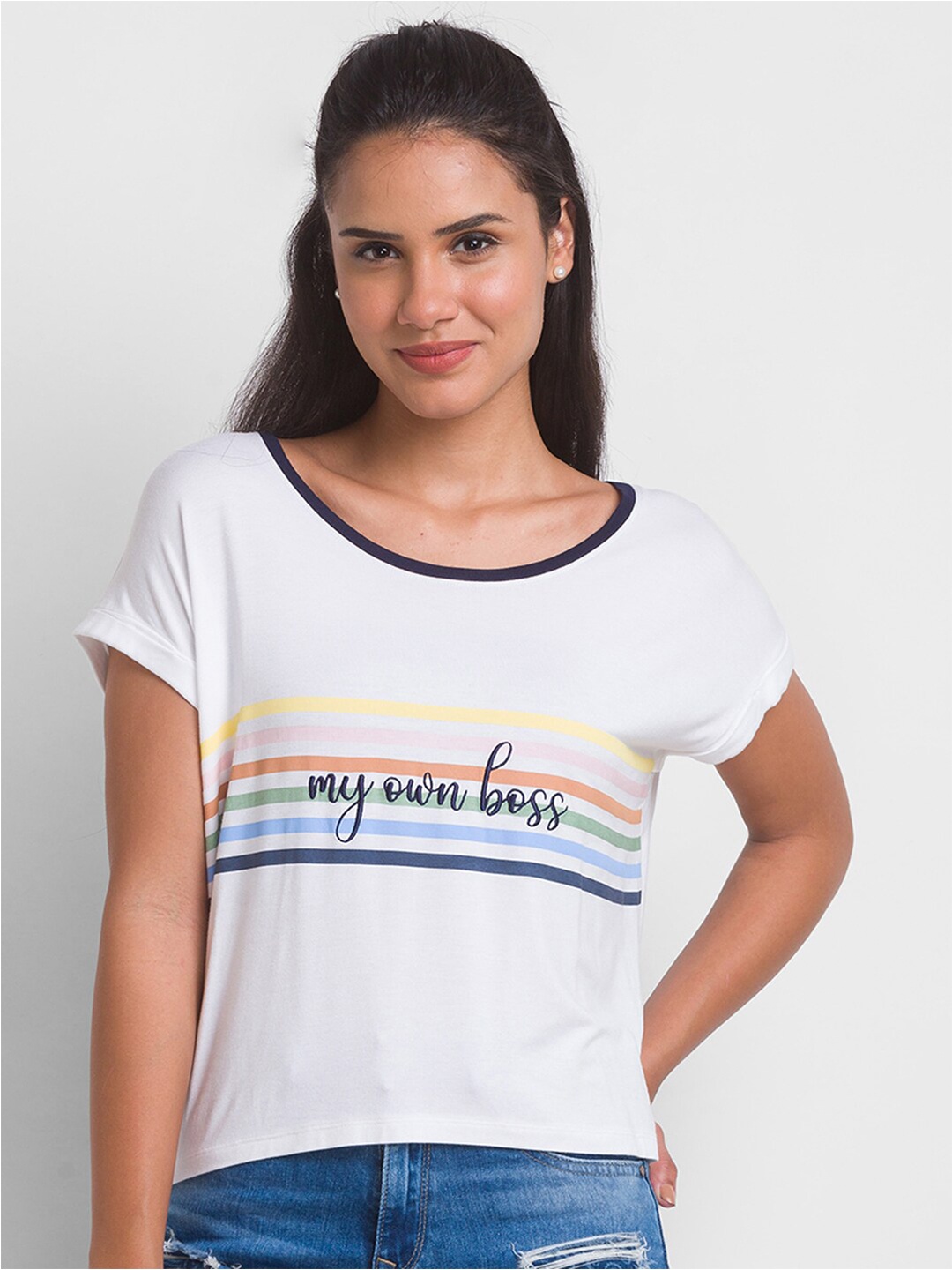 

SPYKAR Women White Typography Striped Extended Sleeves Raw Edge T-shirt