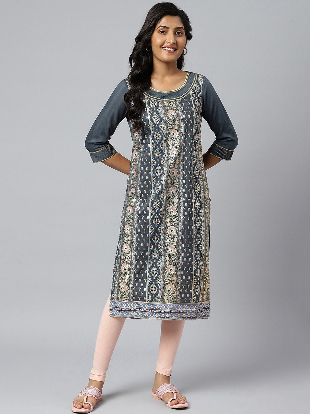 

AURELIA Festive Floral Print Kurta, Grey