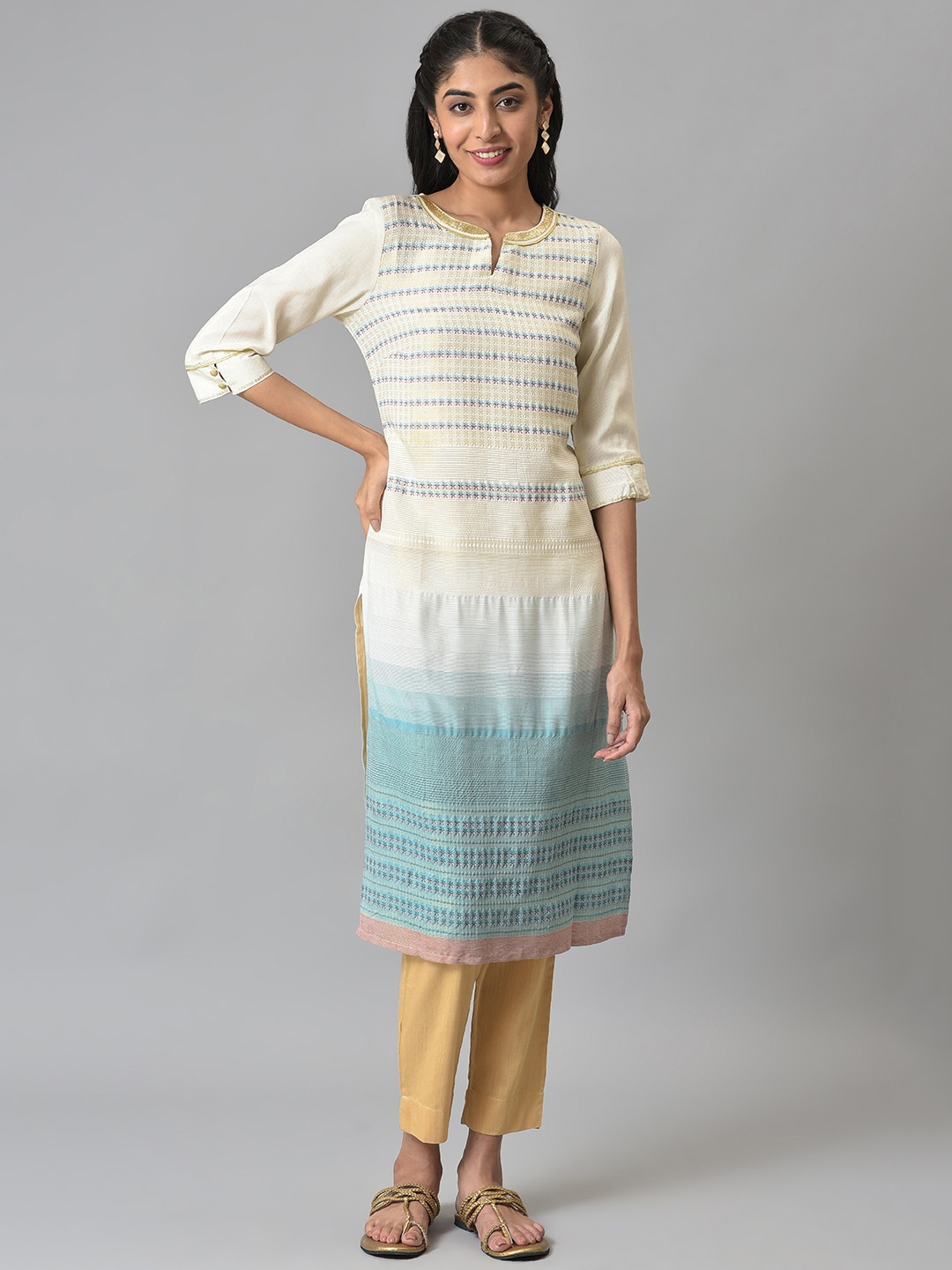 

AURELIA Women Off White & Blue Woven Design Viscose Rayon Kurta