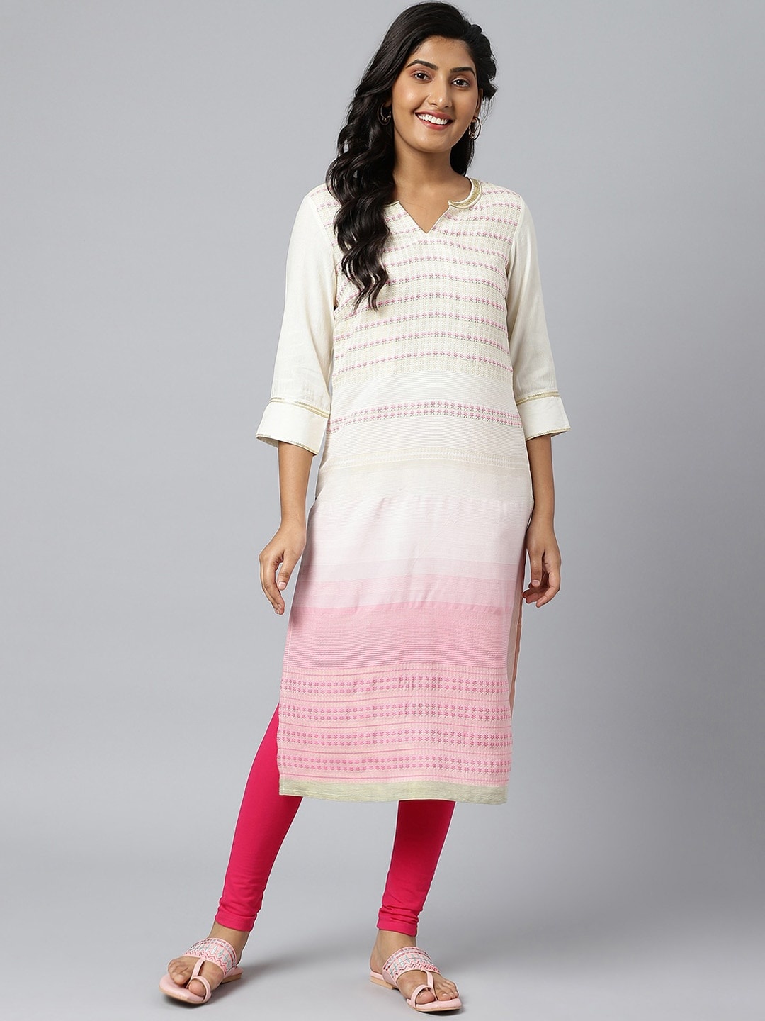 

AURELIA Women Off White & Pink Striped Kurta