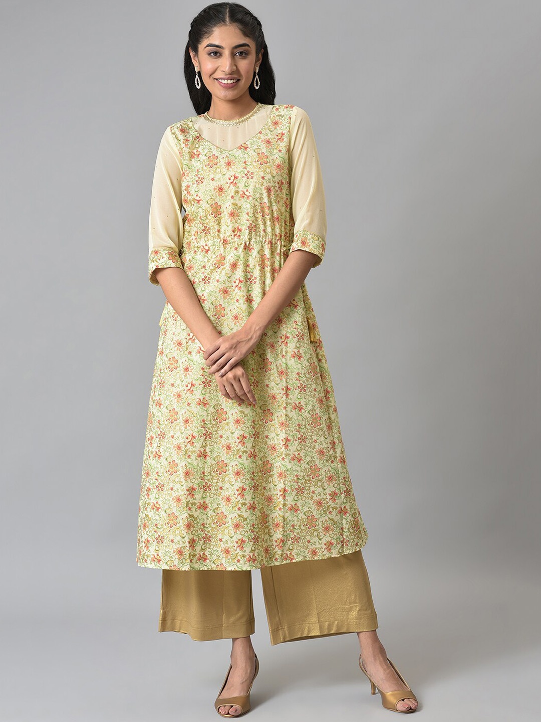 

AURELIA Women Beige Floral Printed Anarkali Kurta