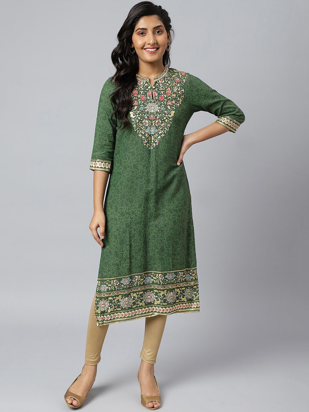 

AURELIA Women Green & Yellow Ethnic Motifs Yoke Design Kurta