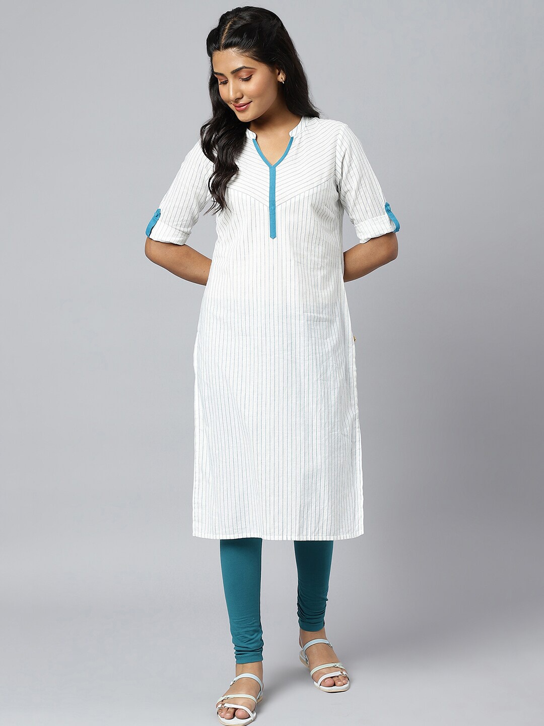 

AURELIA Women Pure cotton White Striped Kurta
