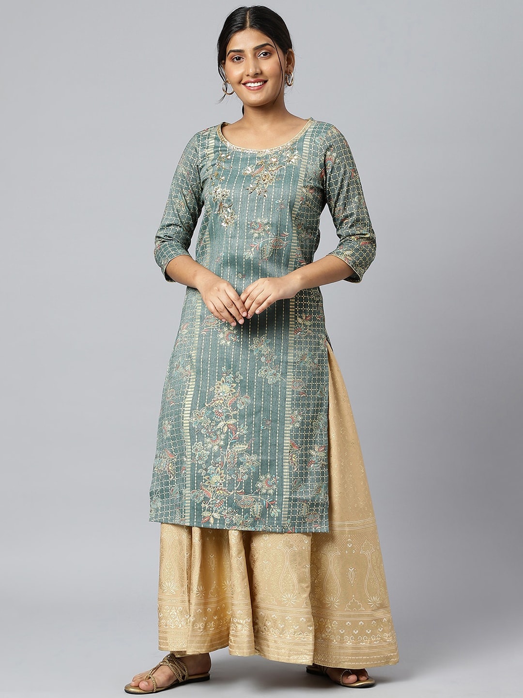 

AURELIA Women Green & Gold Printed Straight Kurta