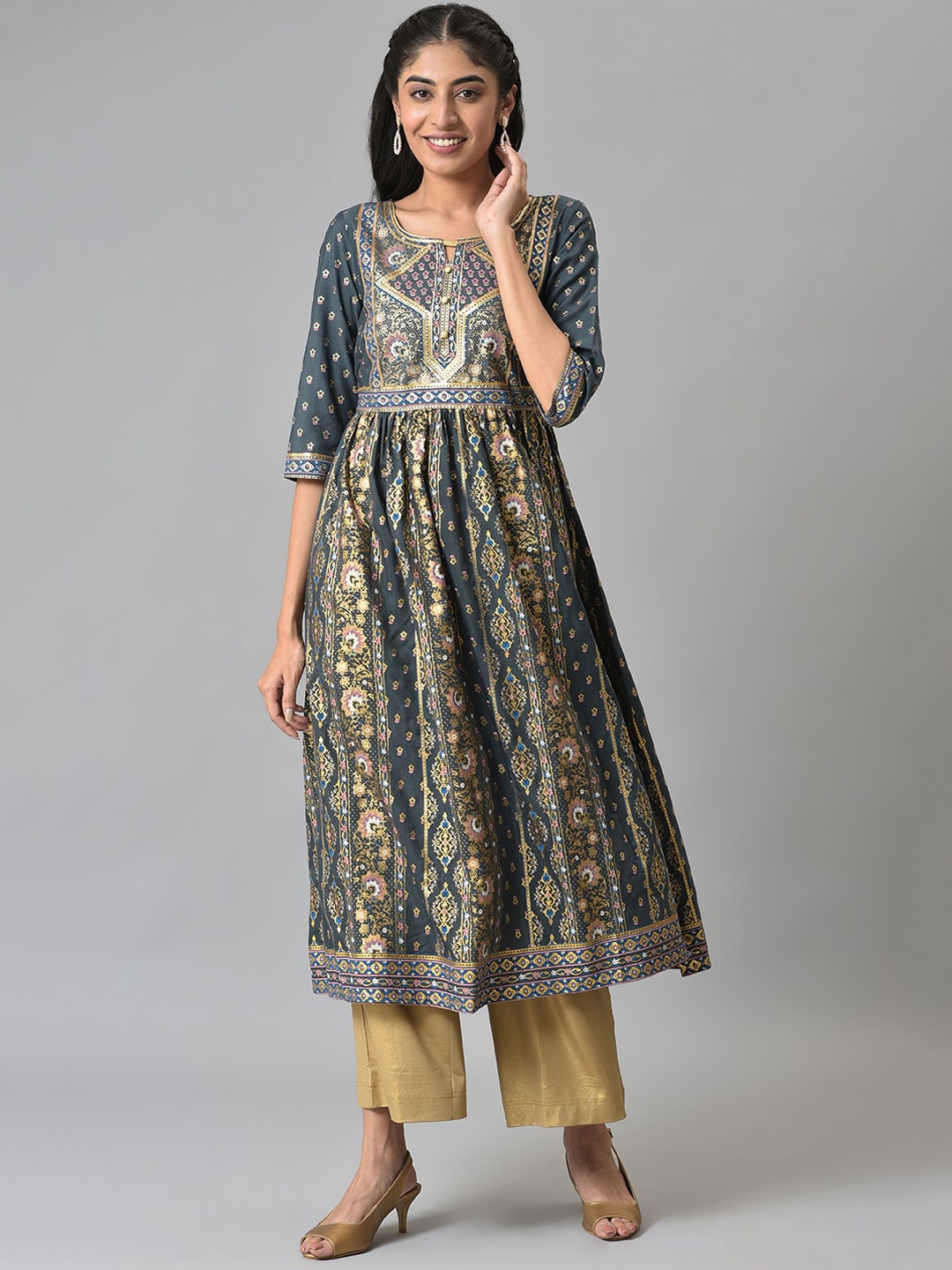 

AURELIA Festive Ethnic Motifs Printed Keyhole Neck Anarkali Kurta, Grey