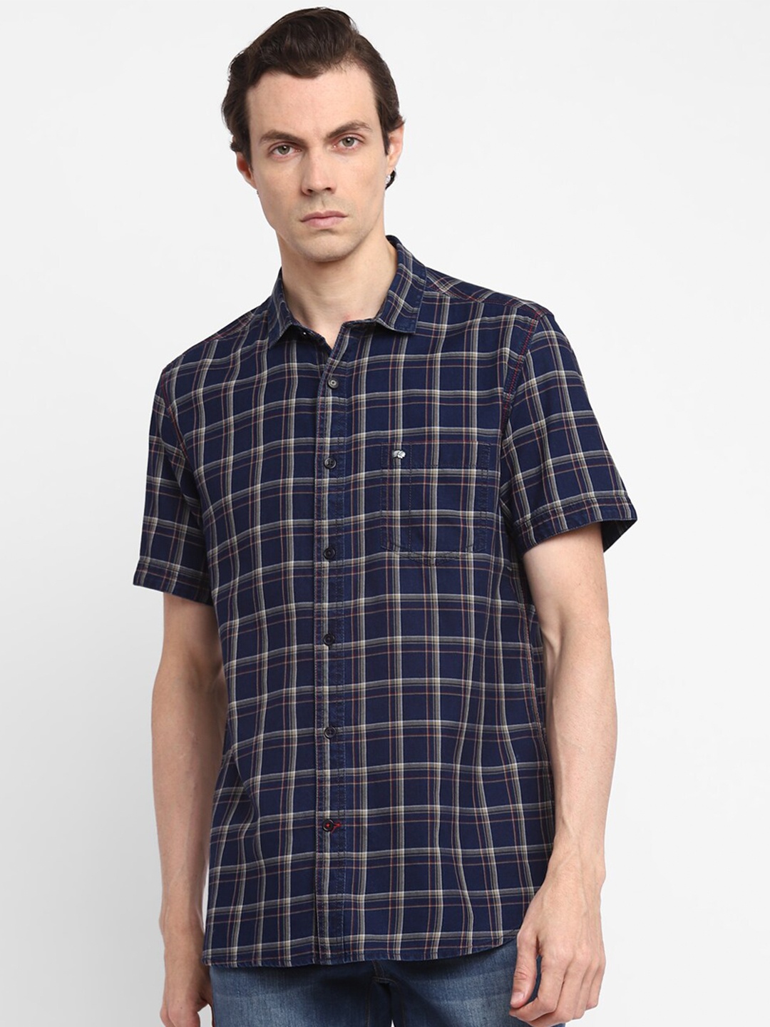 

Red Chief Men Blue Slim Fit Windowpane Checked Cotton Casual Shirt