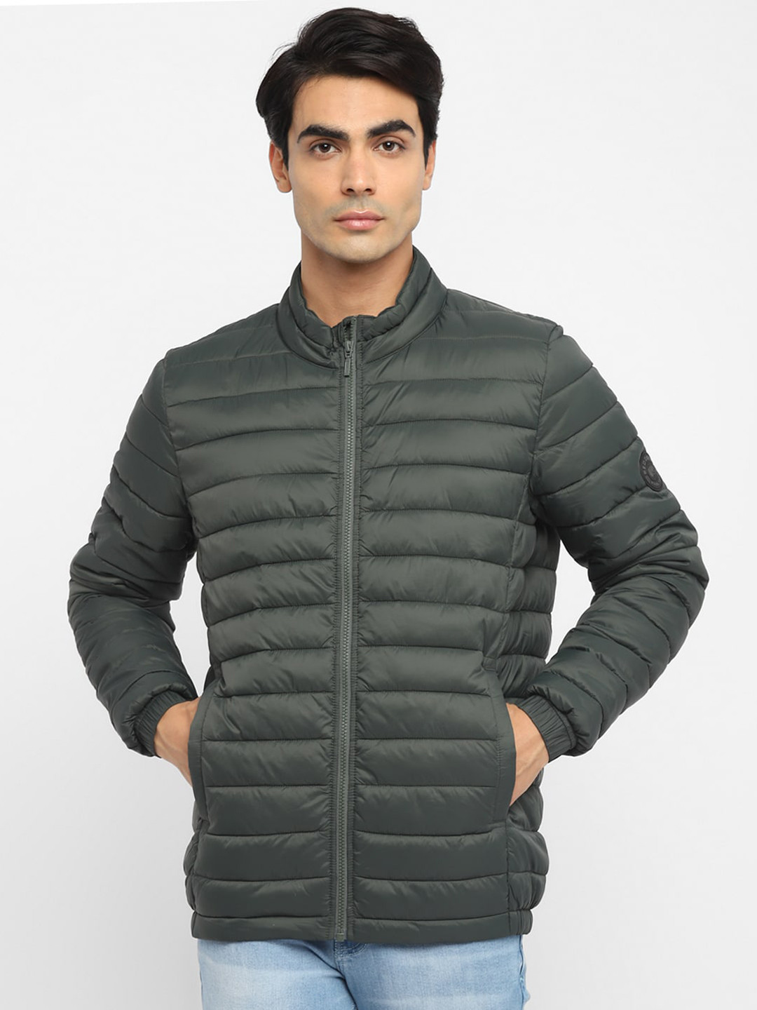 

Red Chief Men Olive Green Striped Lightweight Puffer Jacket