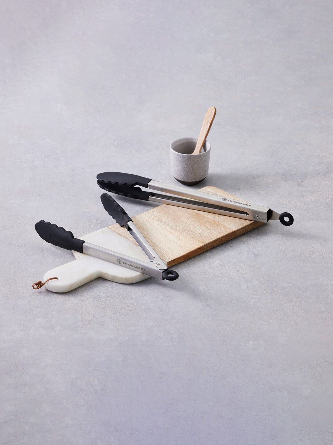 

LE CREUSET Black & Silver Solid Stainless Steel Tongs