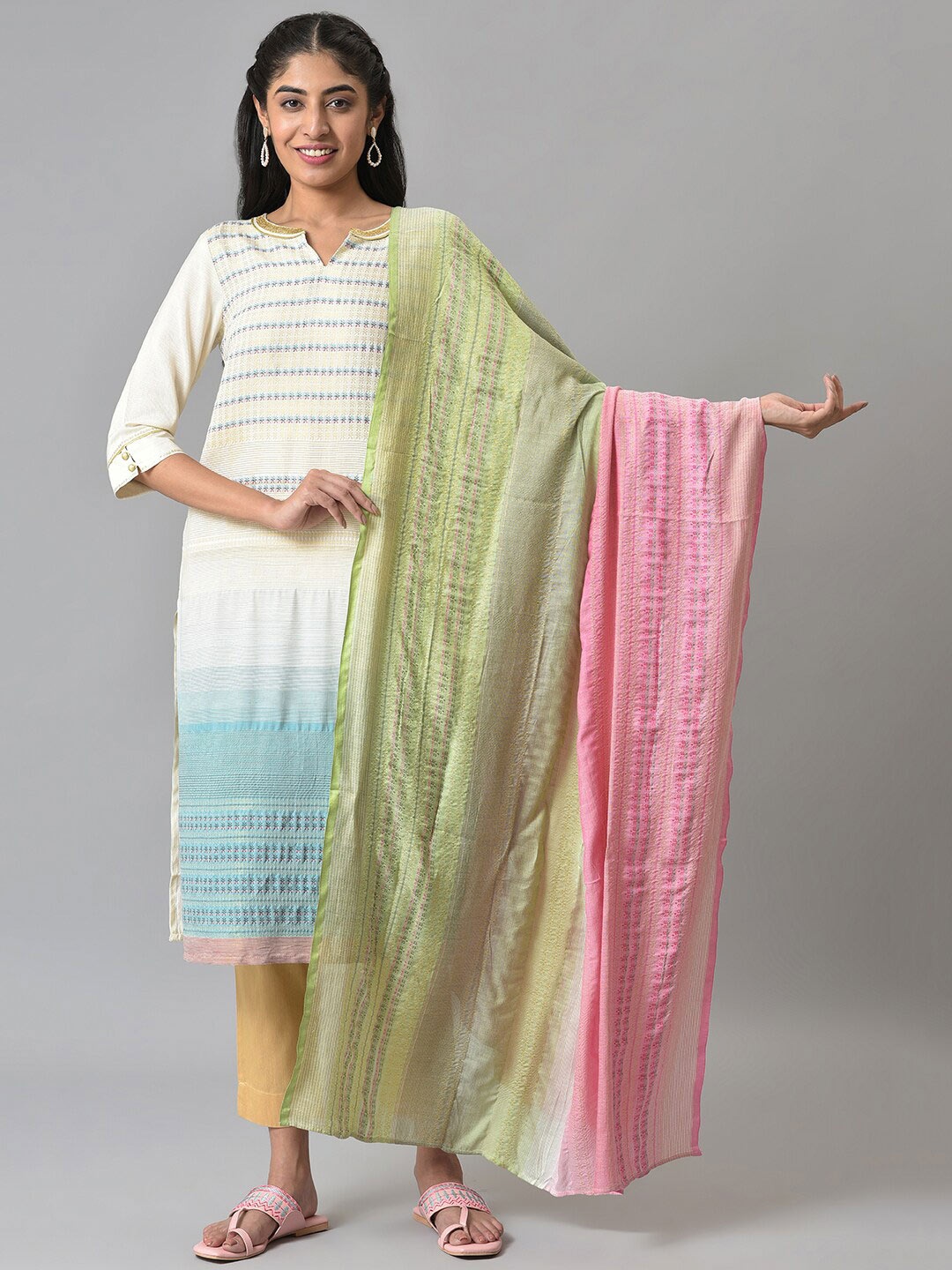 

AURELIA Green & Pink Woven Design Viscose Rayon Dupatta