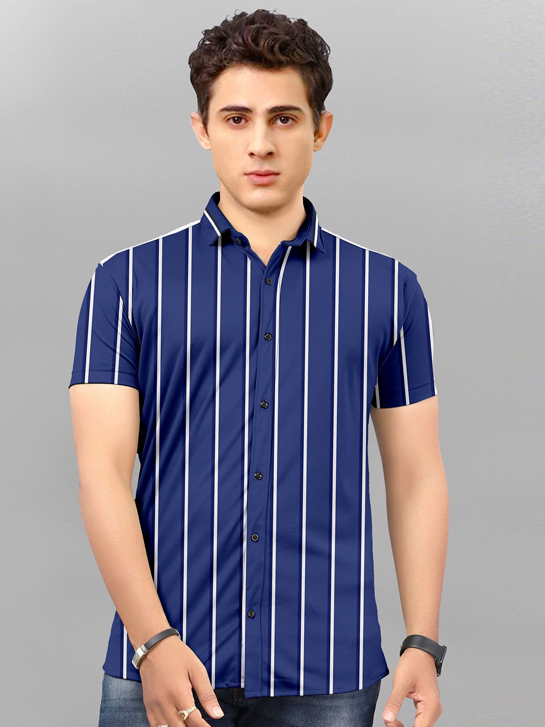 

Fashion FRICKS Men Blue Striped Classic Casual Shirt