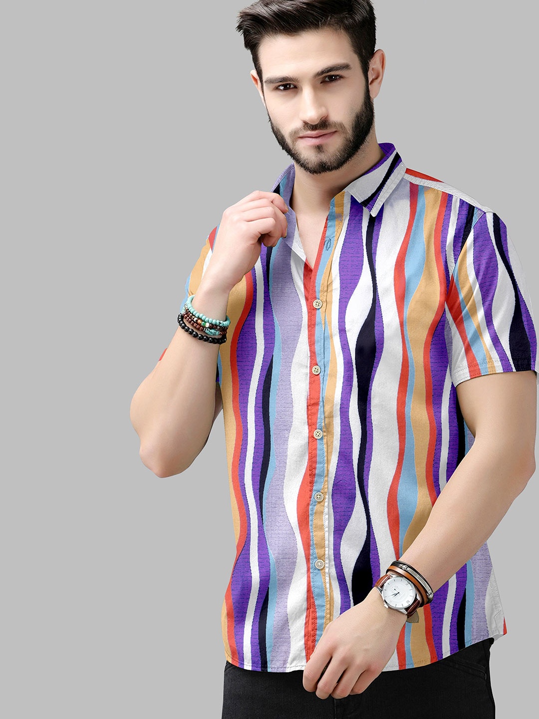 

Fashion FRICKS Men Violet Classic Striped Casual Shirt