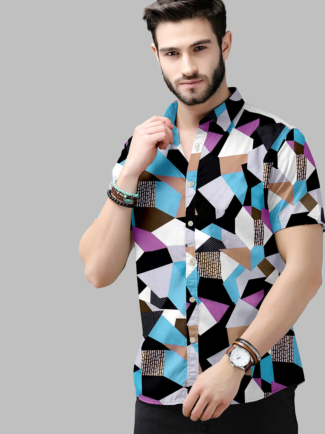 

Fashion FRICKS Men White & Black Printed Geometric Casual Shirt