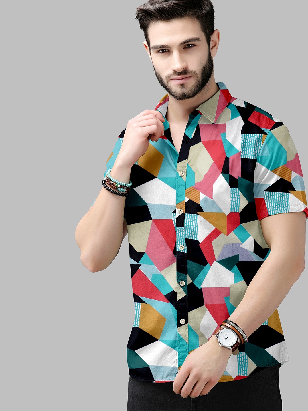 

Fashion FRICKS Men Turquoise Blue Classic Printed Casual Shirt