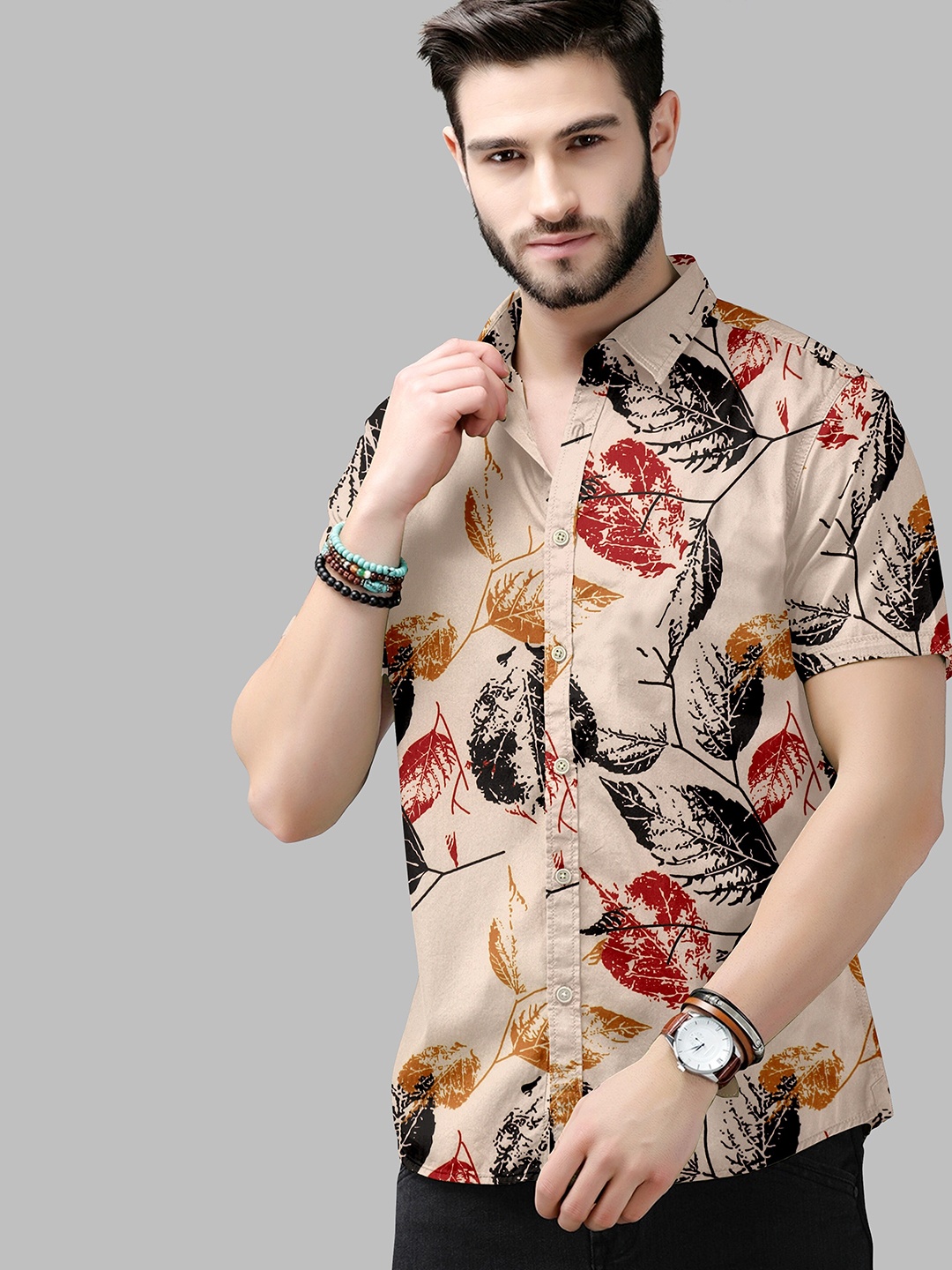 

Fashion FRICKS Men Beige Classic Floral Printed Polycotton Casual Shirt