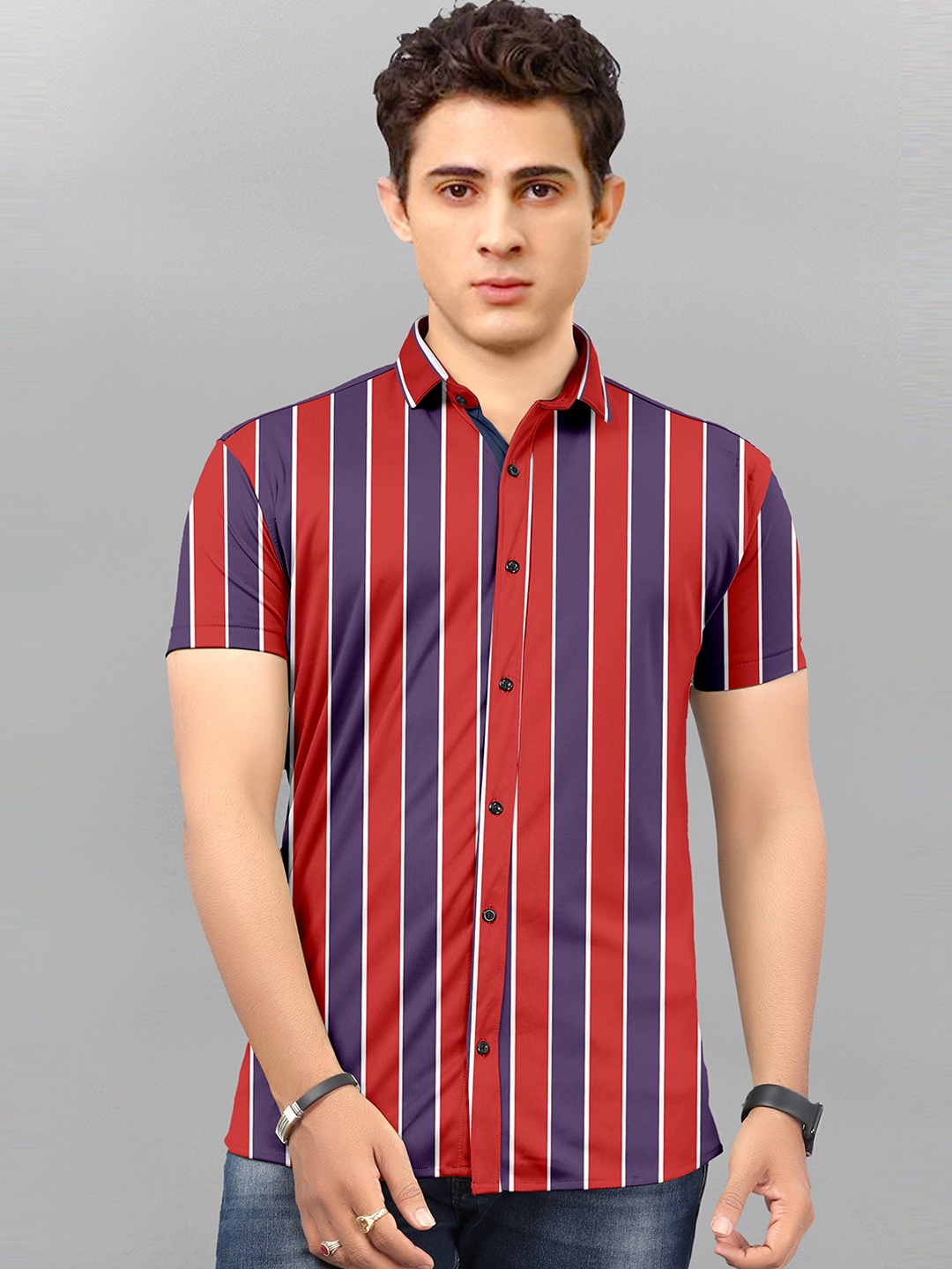 

Fashion FRICKS Men Red & Purple Striped Polycotton Casual Shirt