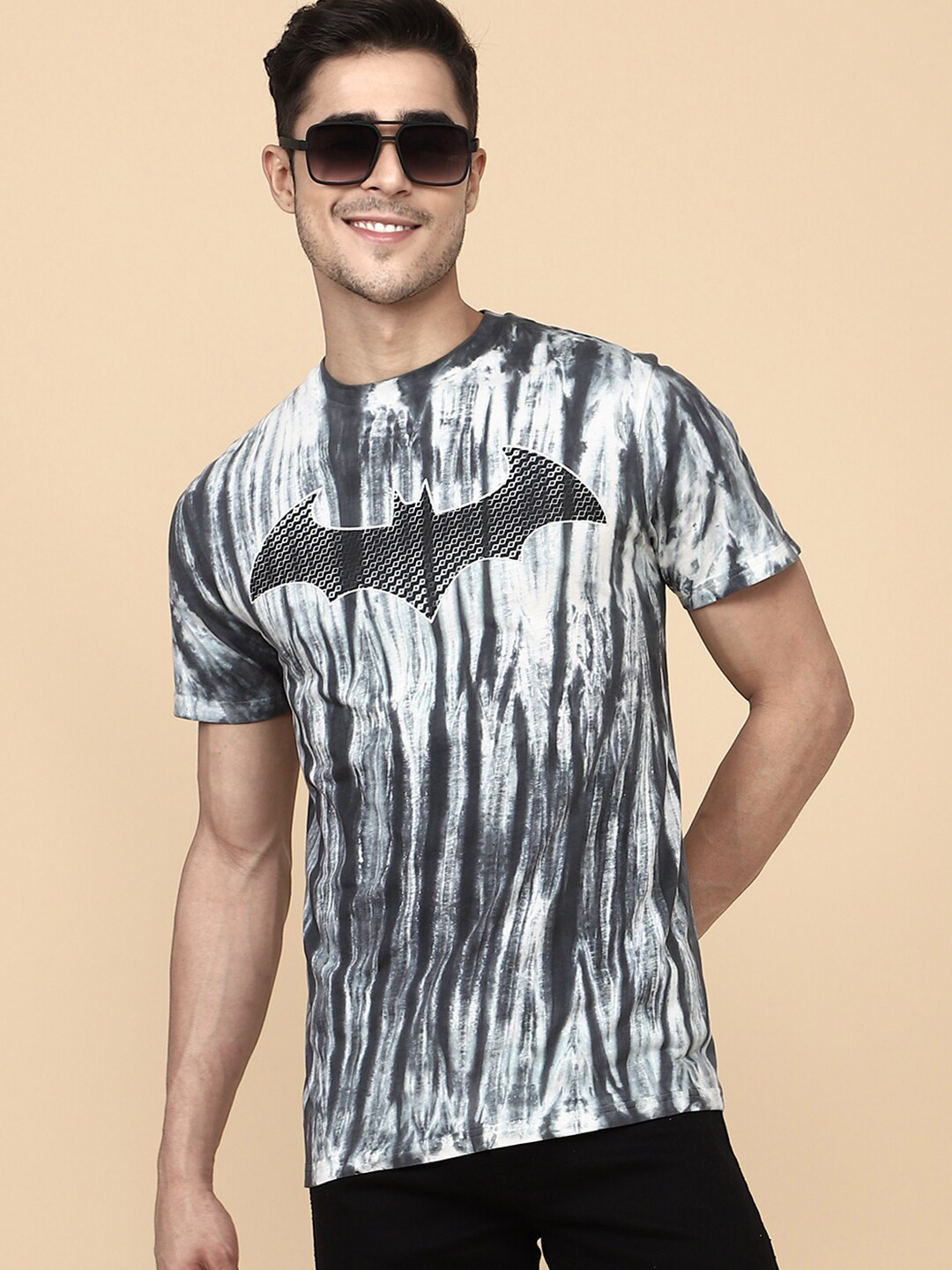 

Free Authority Men Black & Grey Tie and Dye Batman Dyed Pure Cotton T-shirt