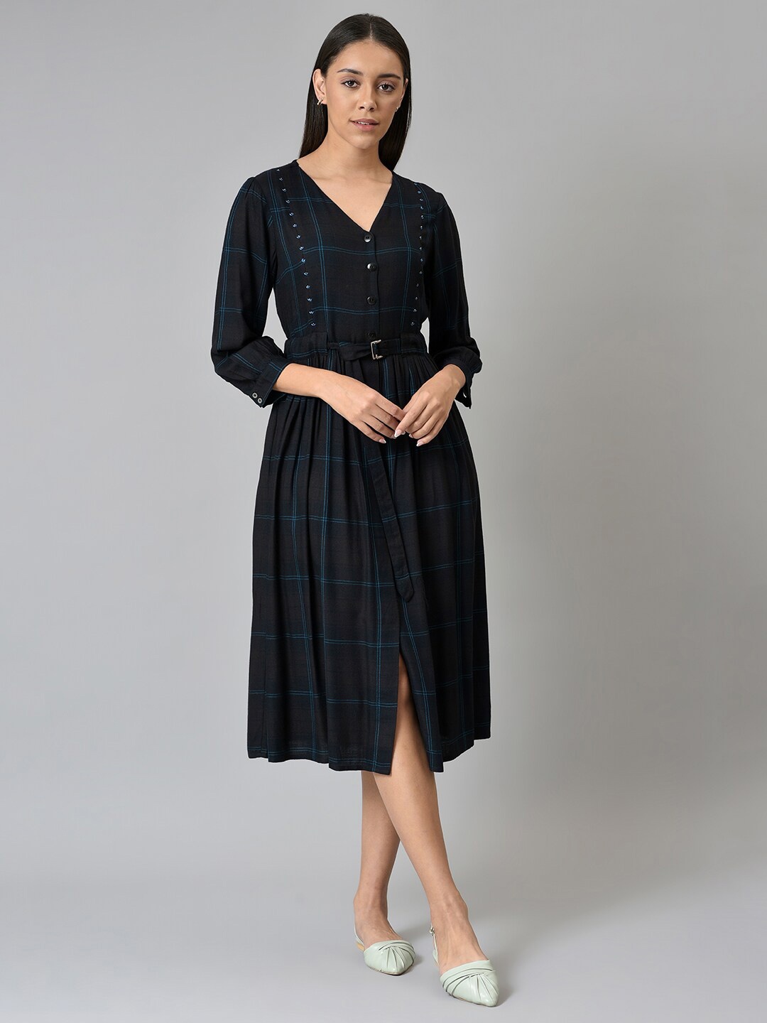 

W Black Checked A-Line Midi Dress
