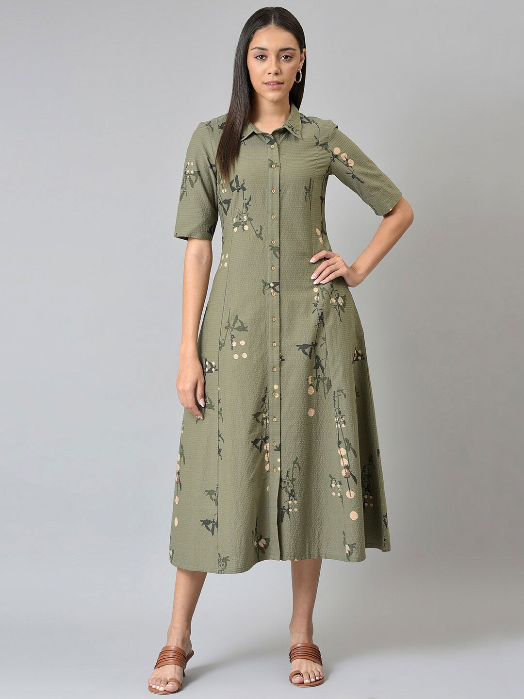 

W Green Floral Shirt Midi Dress