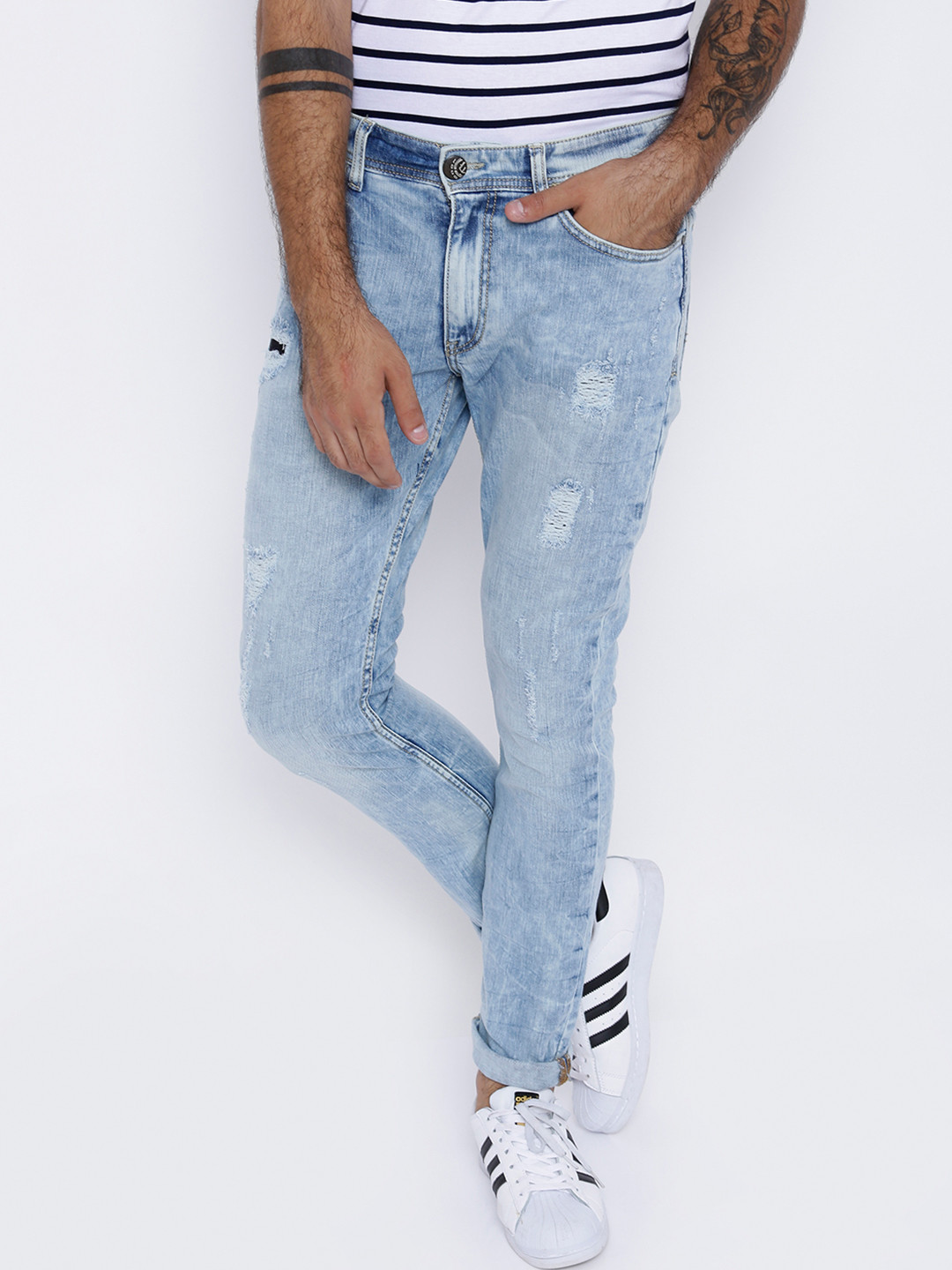 

LOCOMOTIVE Men Blue Dragon Slim Fit Mid-Rise Low Distress Jeans