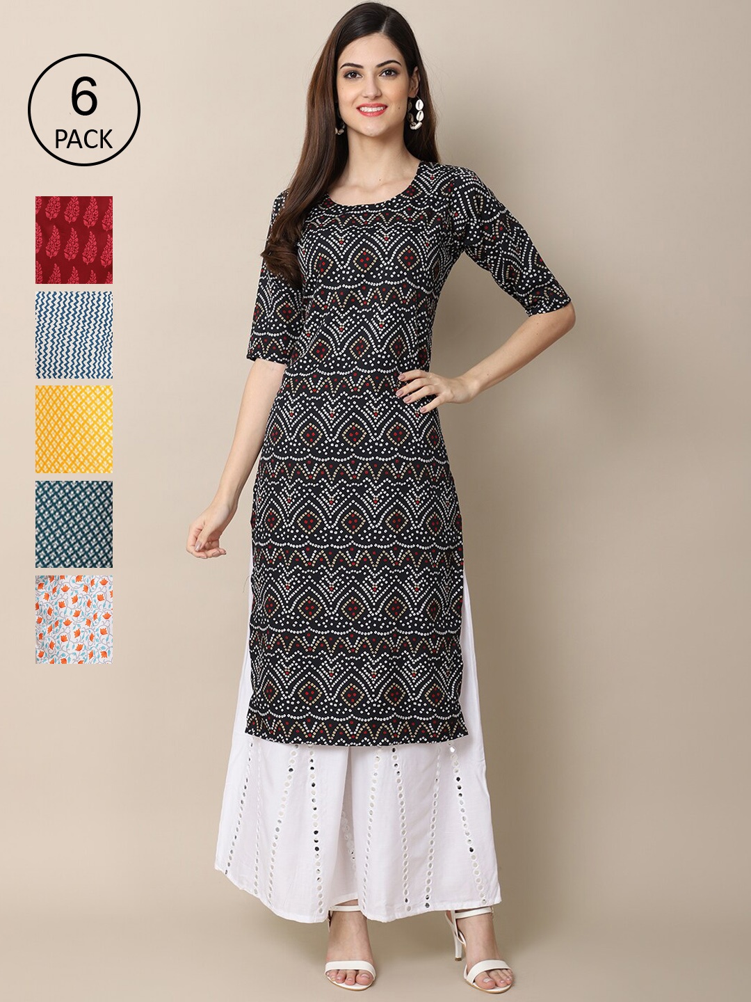 

7Threads Women Pack of 6 Digital Printed Crepe Straight Kurtas, Red