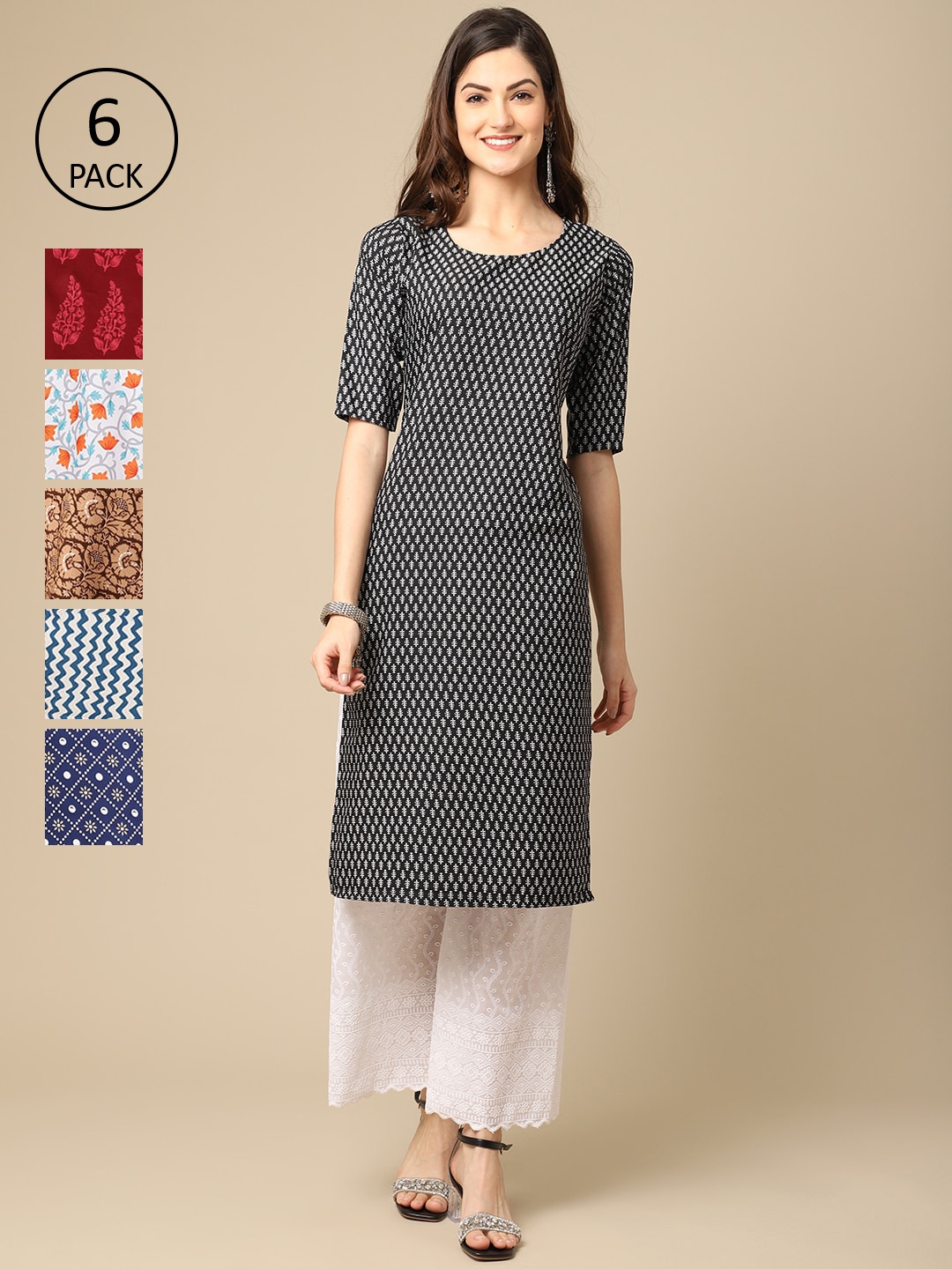 

7Threads Women Pack of 6 Digital Printed Straight Kurtas, Black