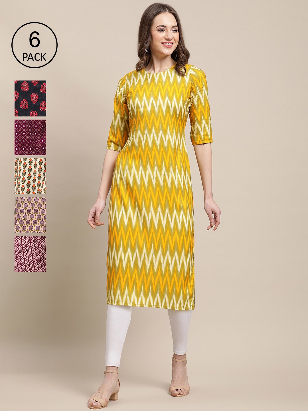 

7Threads Women's Crepe Multi Color Digital Printed Straight Kurta [PACK OF 6]