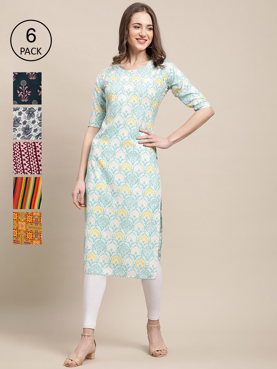 

7Threads Women Pack of 6 Printed Crepe Kurta, Blue