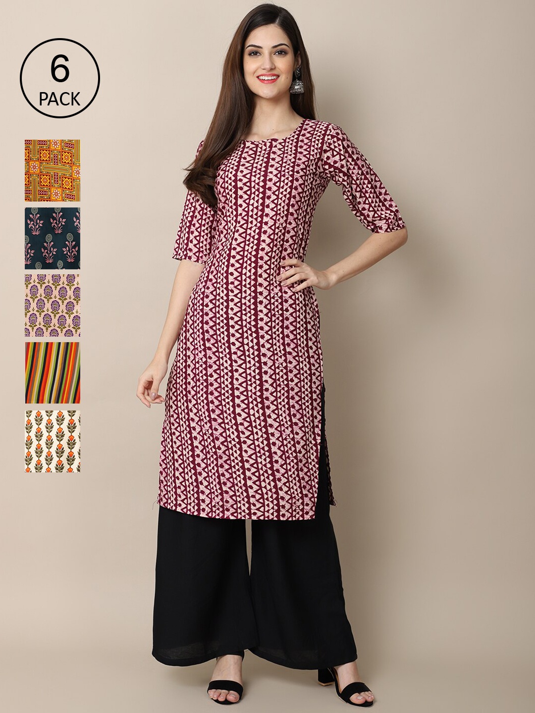 

7Threads Women Pack of 6 Ethnic Motifs Printed Crepe Kurta, Multi