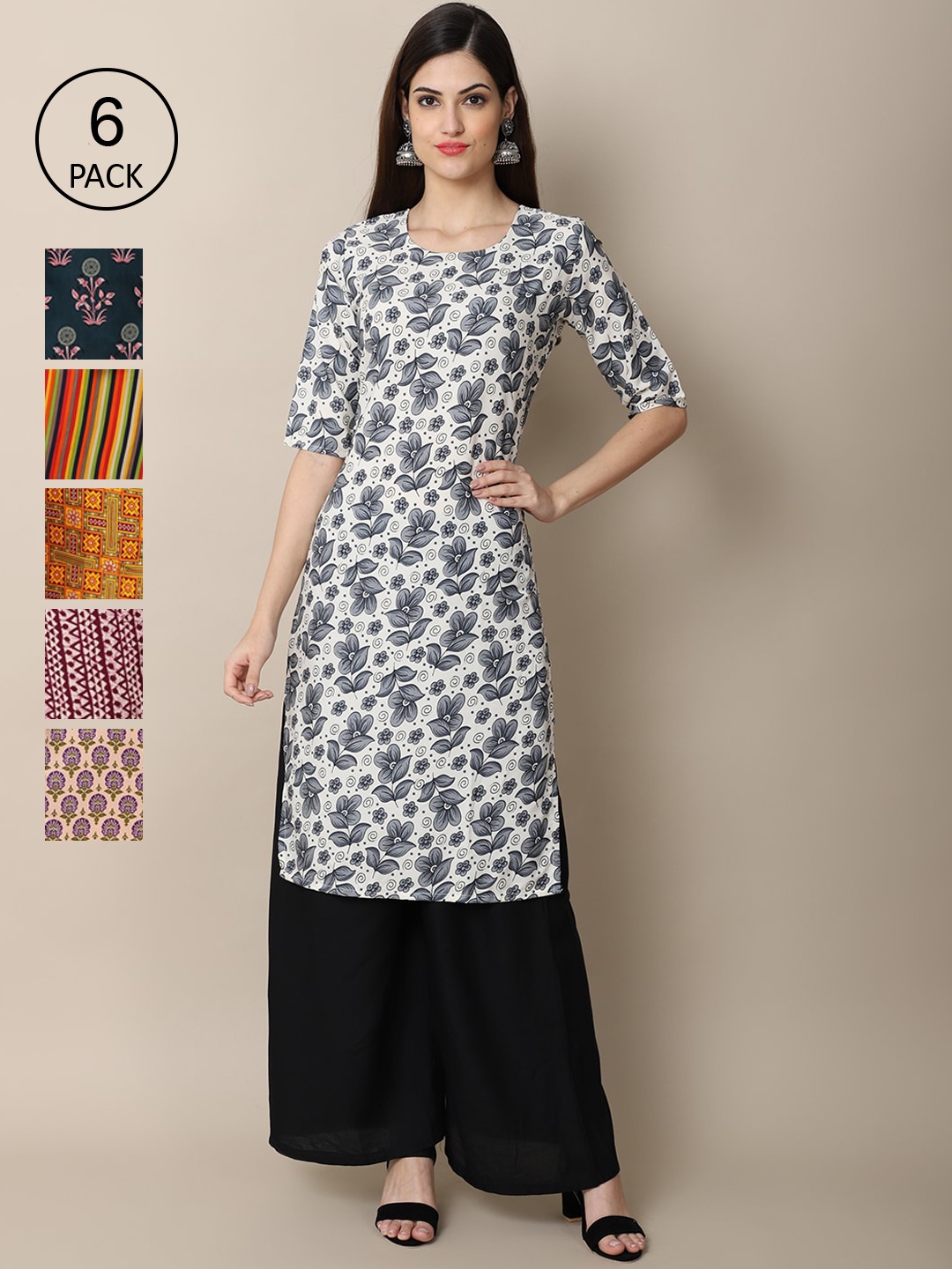 

7Threads Women Pack of 6 Digital Printed Crepe Straight Kurta, Multi