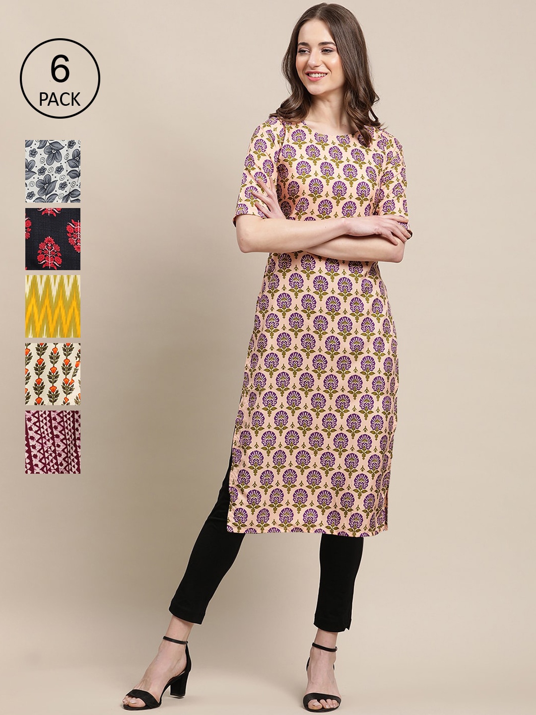 

7Threads Pack of 6 Women Multicoloured & Peach Floral Printed Crepe Kurta, Multi