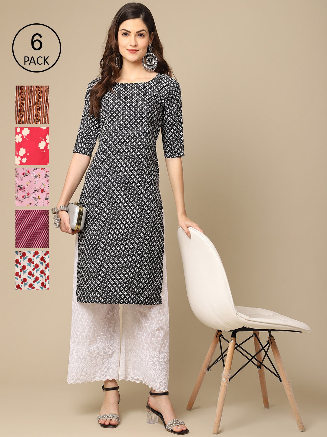 

7Threads Pack of 6 Women Beige & Pink Floral Printed Block Print Crepe Kurta