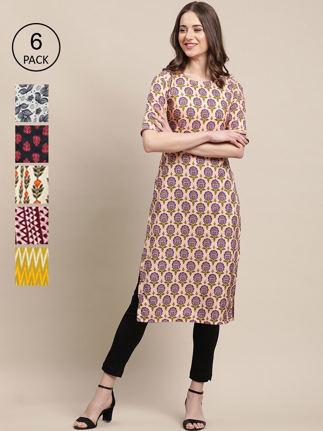 

7Threads Pack Of 6 Women Printed Crepe Kurta, Beige