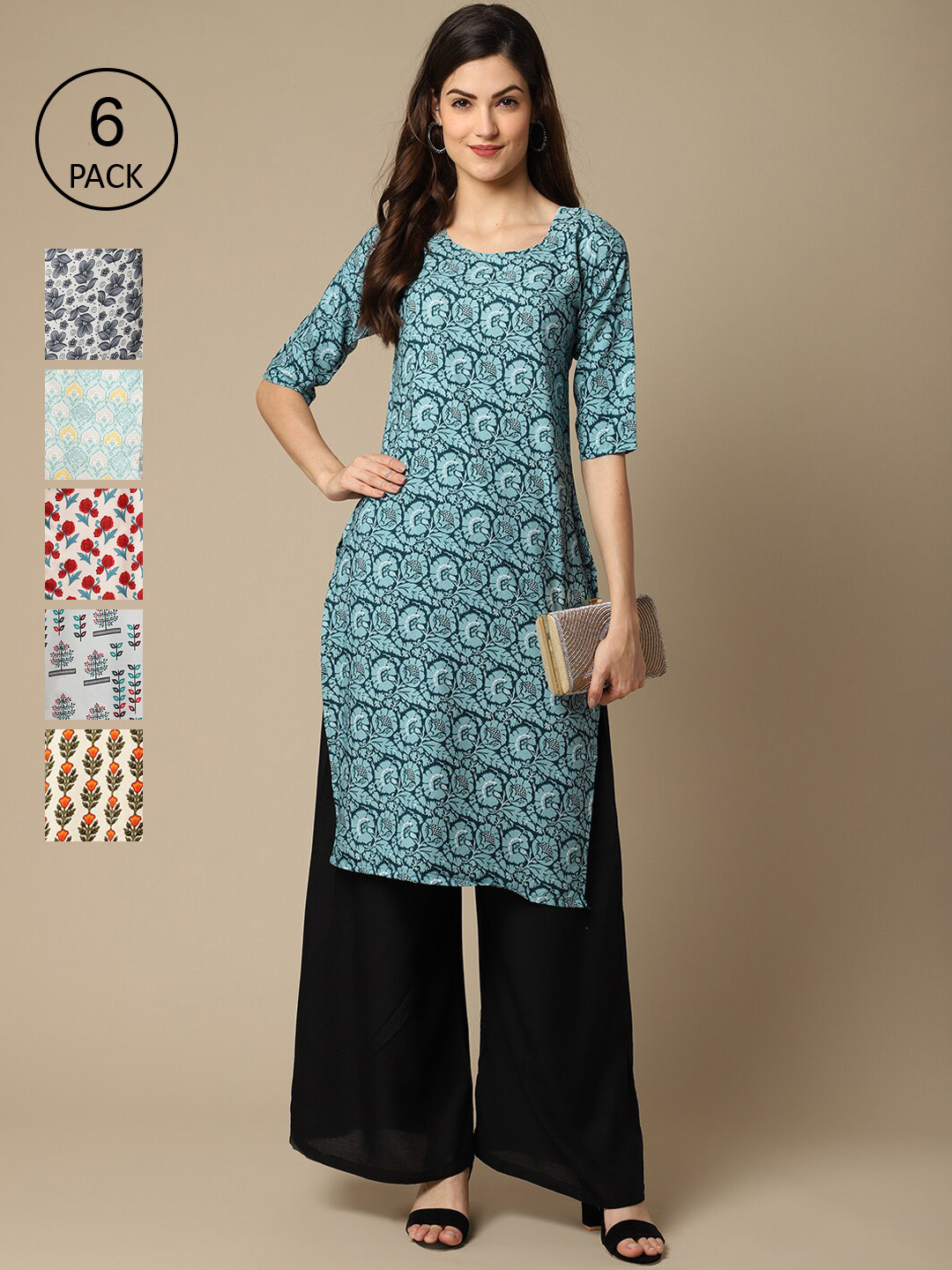 

7Threads Women's Crepe Multi Color Digital Printed Straight Kurta [PACK OF 6]
